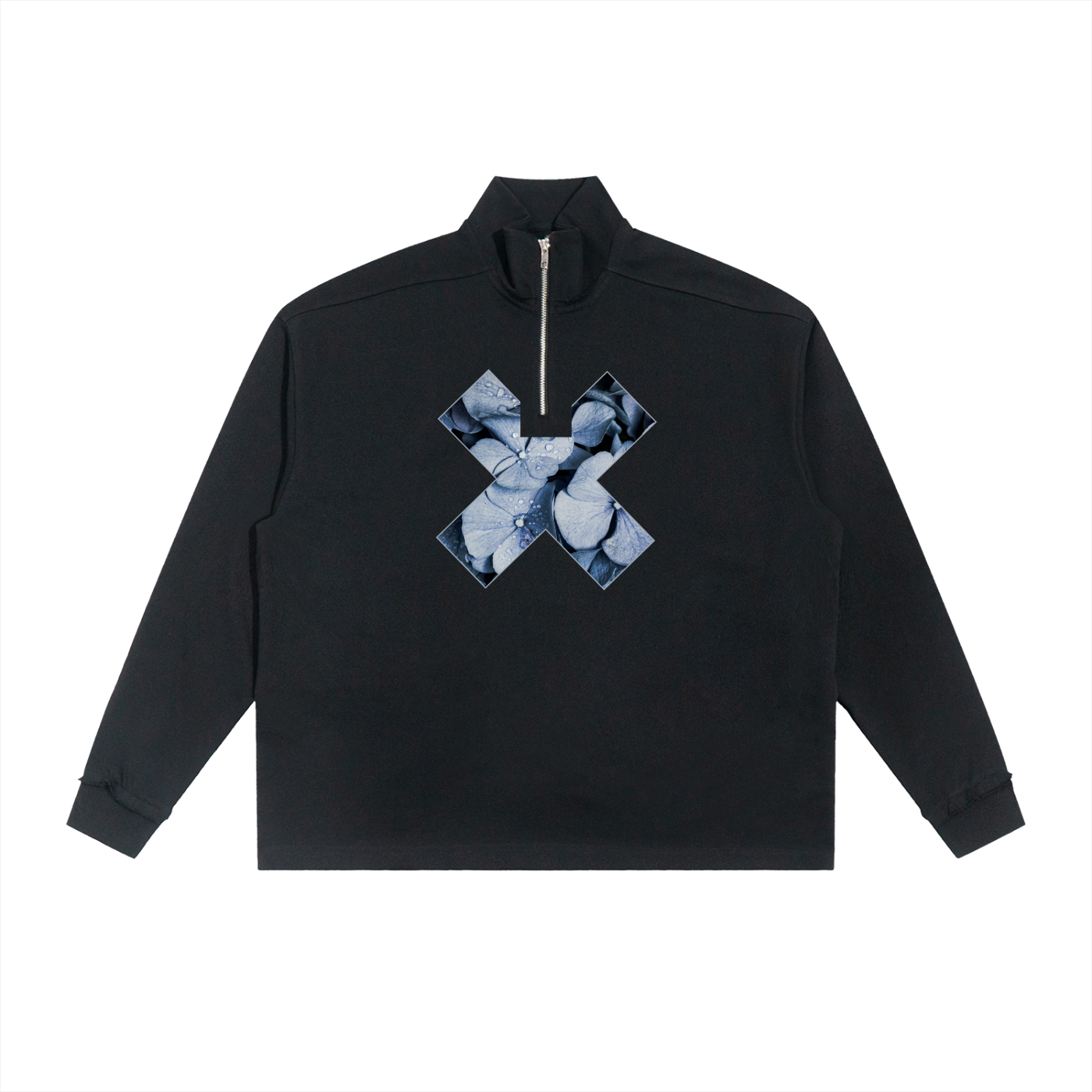 Black half-zip sweatshirt with a blue hydranga design