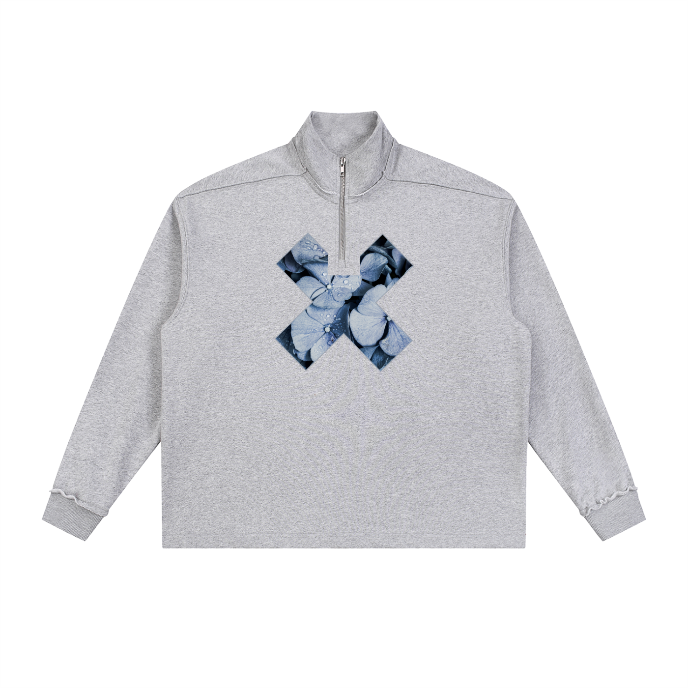 Grey half-zip sweatshirt with a blue hydrangea