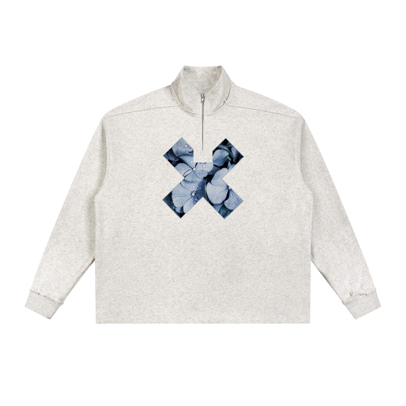 Oat grey half zip sweatship with a blue hydrangea