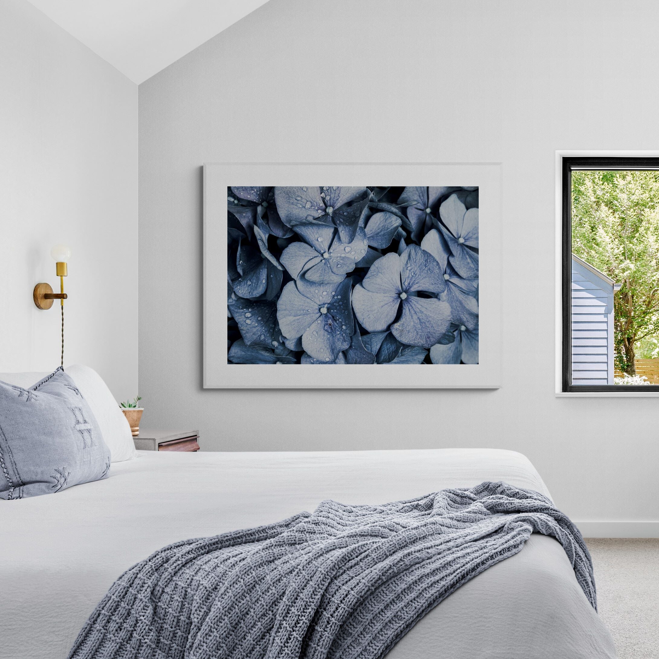 Blue Denim Hydrangeas Print in bedroom by Kirsten Clark Art