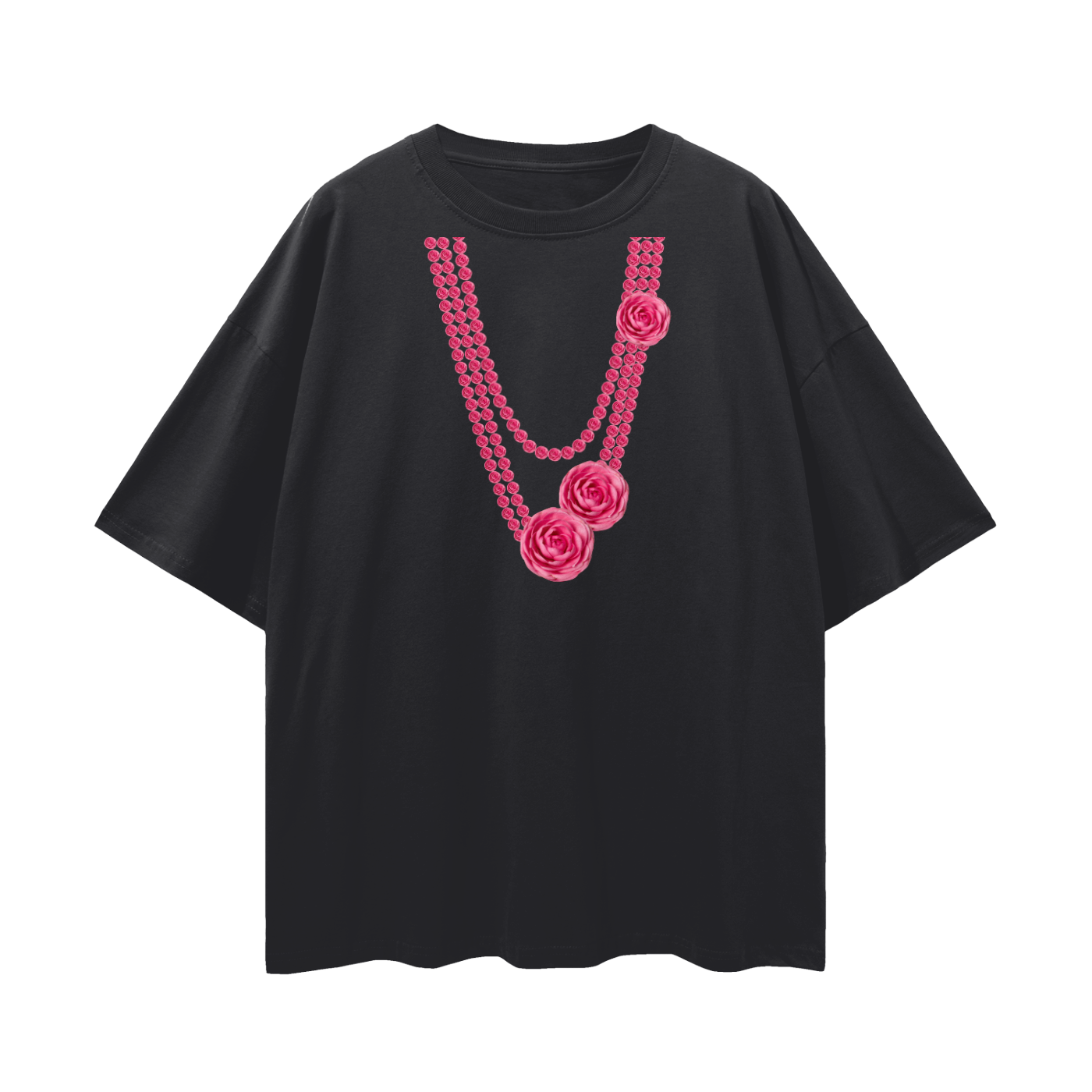 A black short-sleeve t-shirt featuring a graphic print of a pink beaded necklace with camellia details.