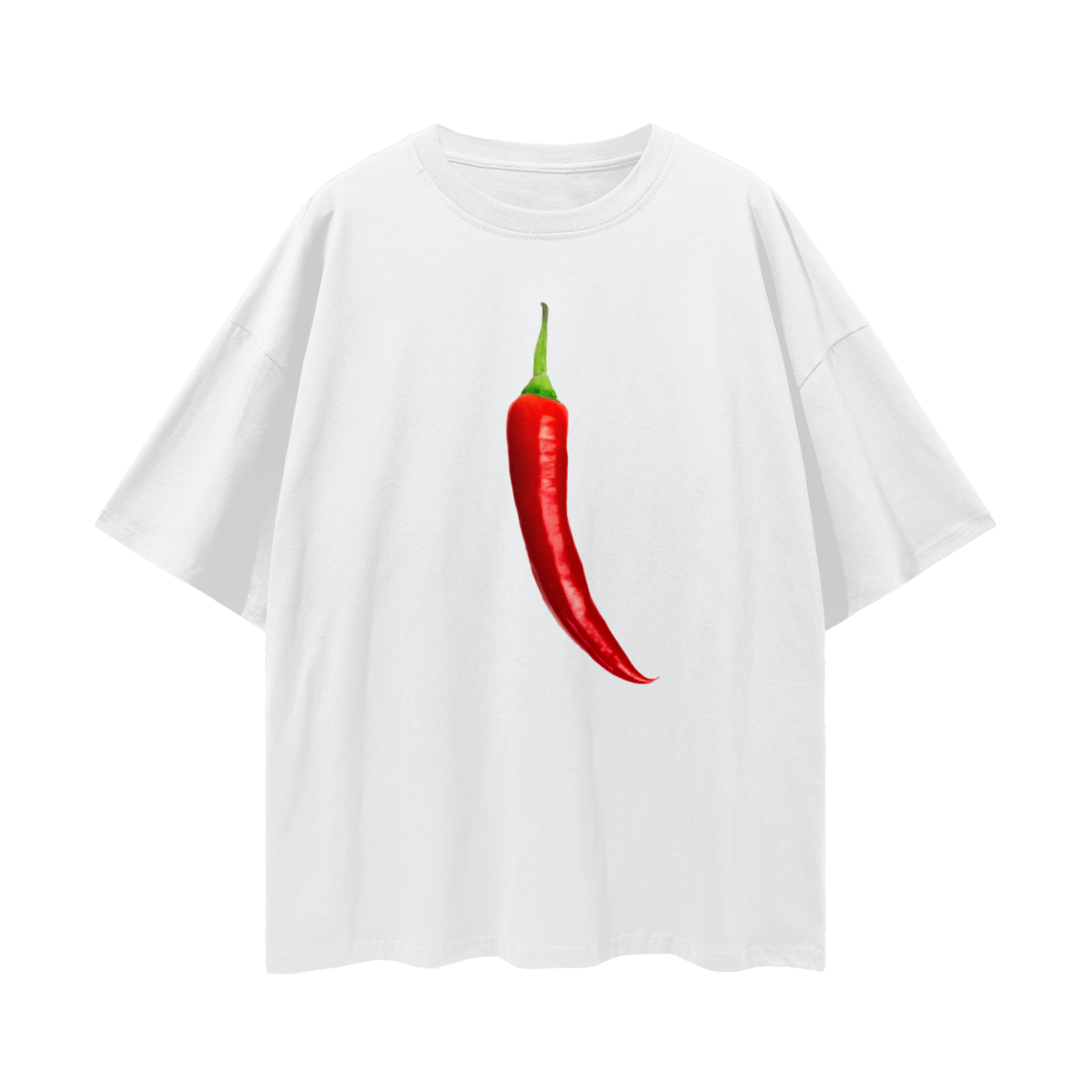 White t-shirt with a red chili pepper graphic on a white background