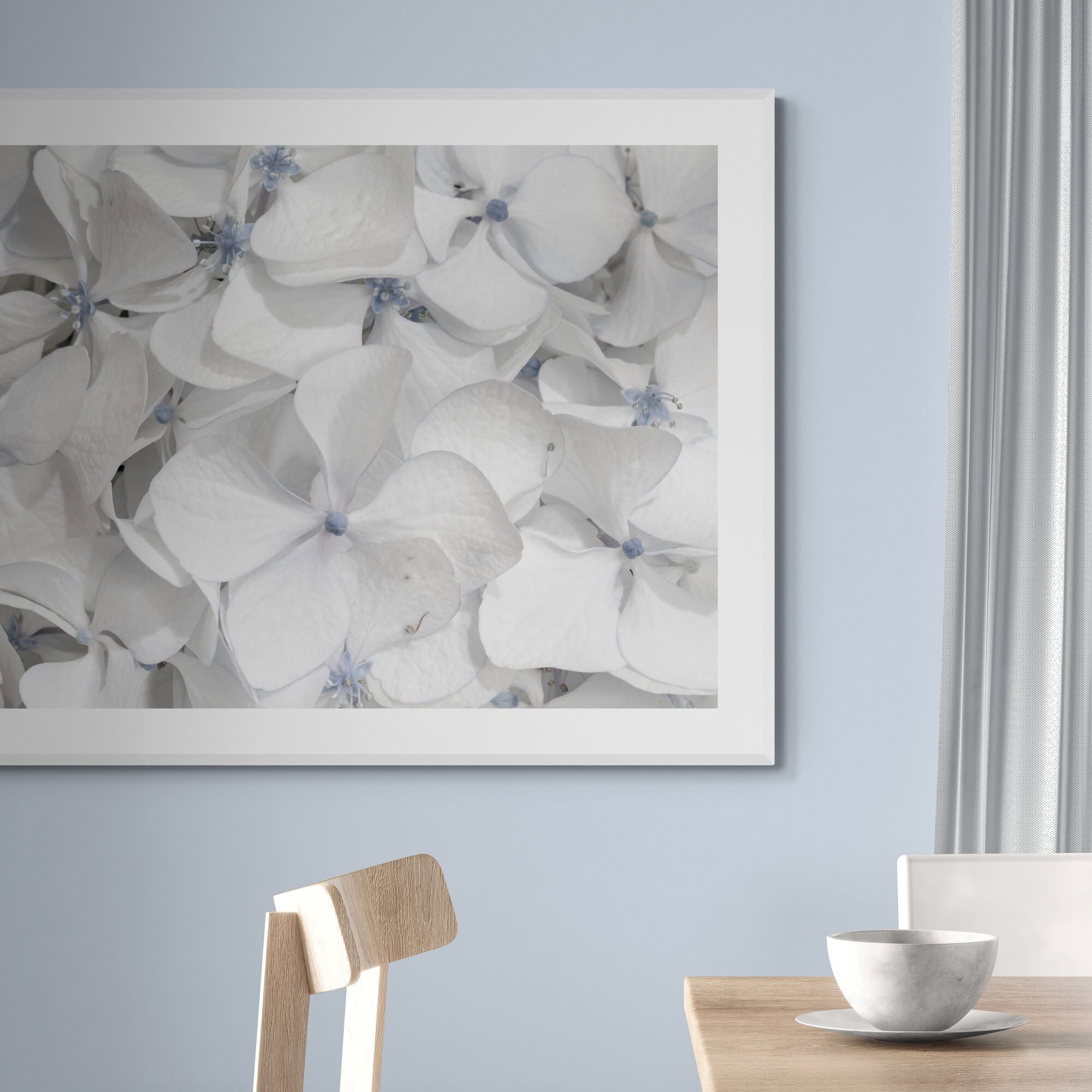 Cool Summe White Hydrangea Print in dining area by Kirsten Clark Art