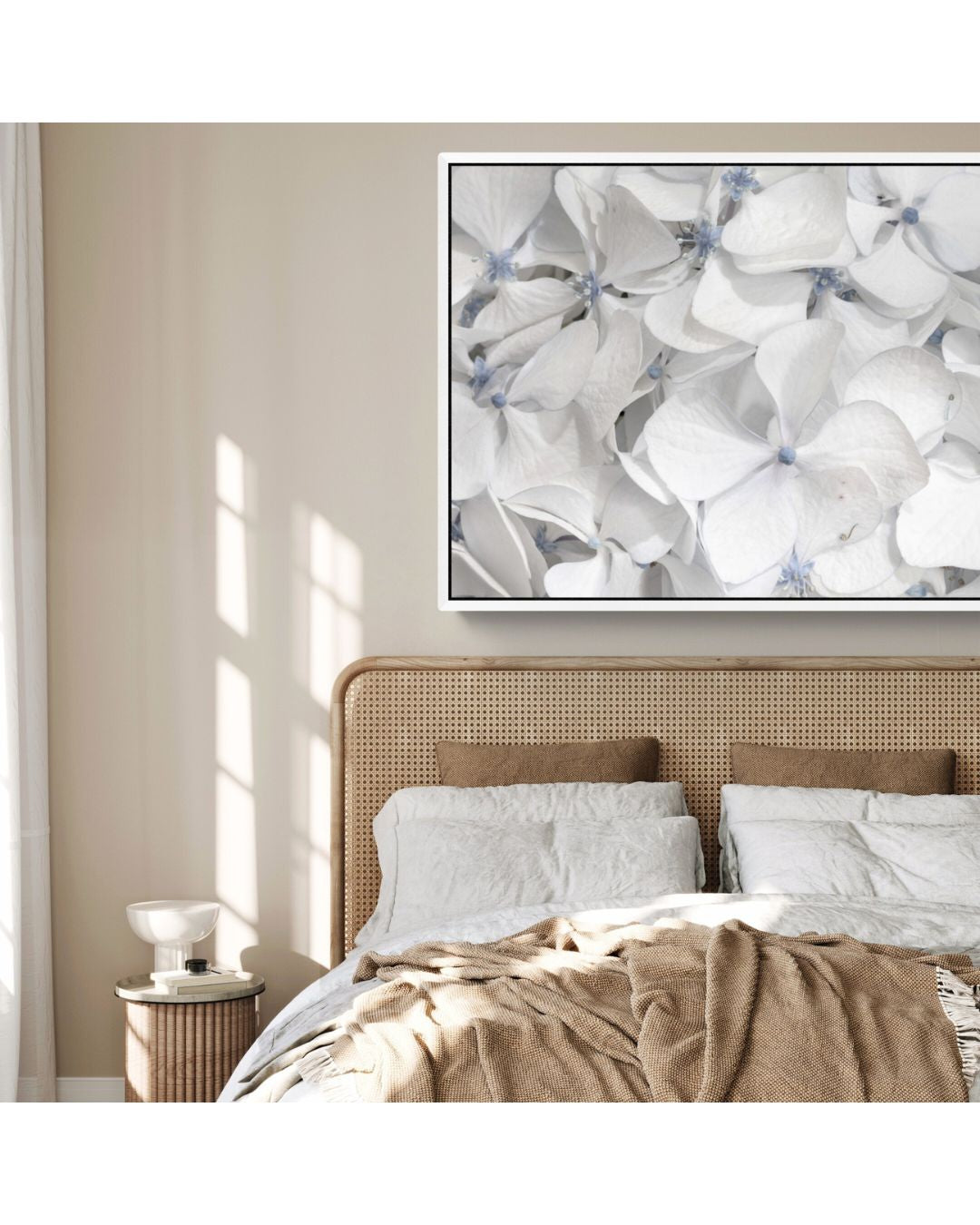 White Hydrangea Wall Art in Bedroom