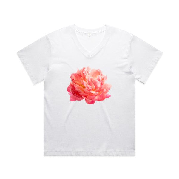 Women Boxy Relaxed Fit Vneck Tee Coral Peony NZ design Kirsten Clark Art