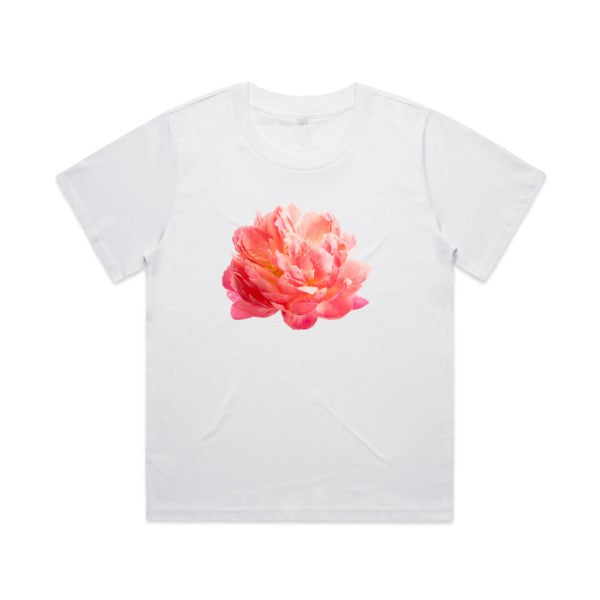 Coral Peony Boxy White Tee for Women by NZ Artist Kirsten Clark Art