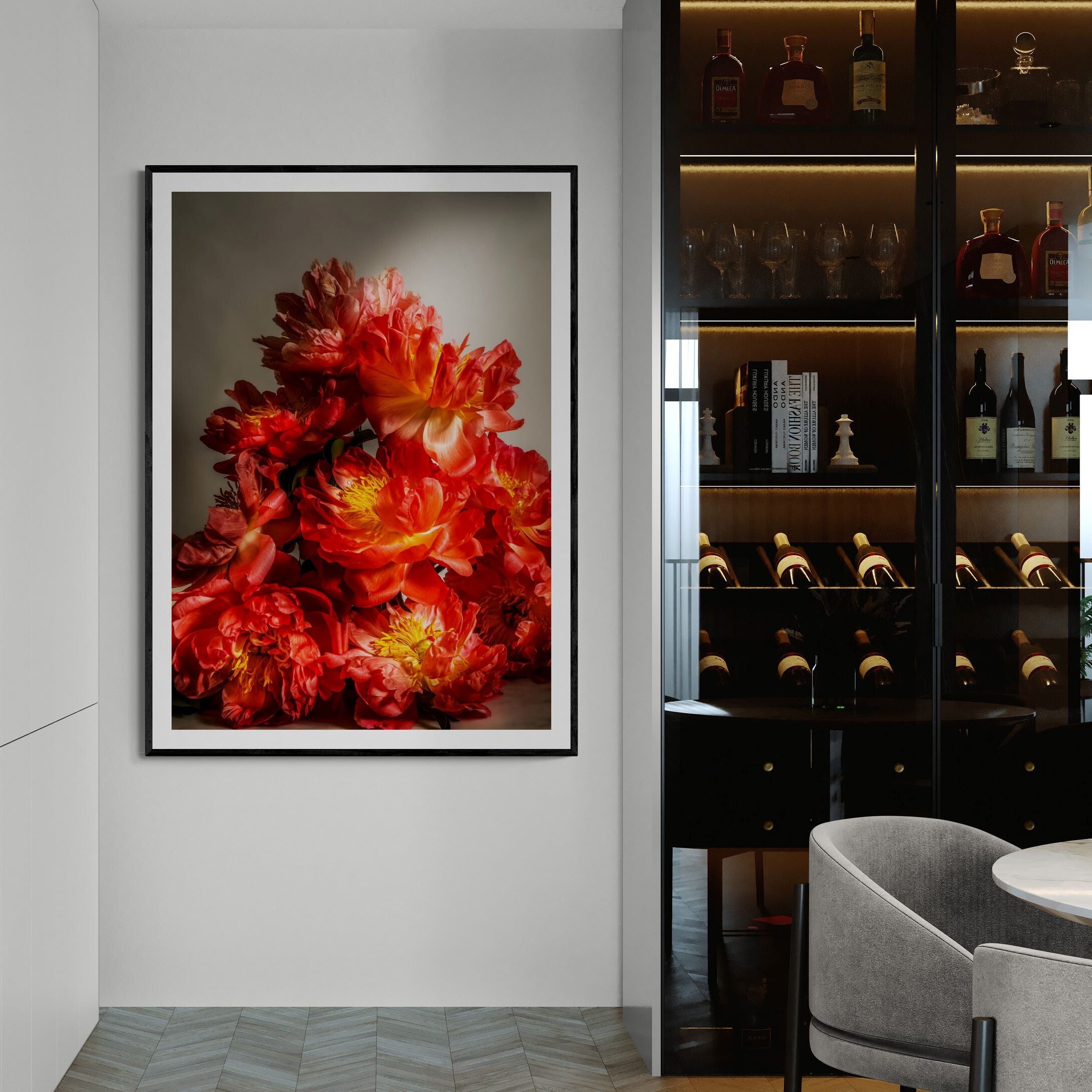Coral_Sunset_Peonies_Print_in_dining_area
