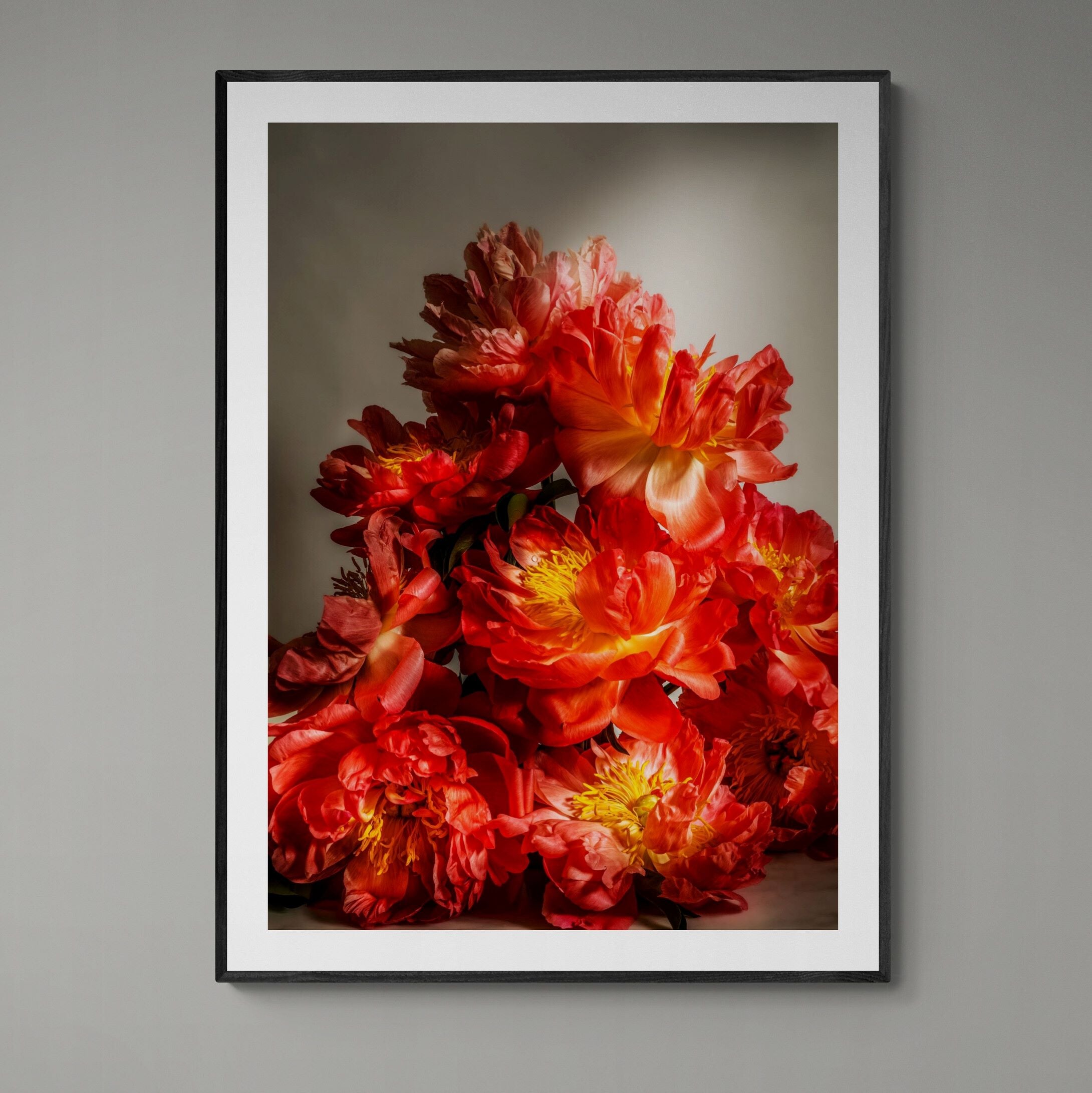 Coral_Sunset_Peonies_Print_on_Wall by Kirsten Clark Art