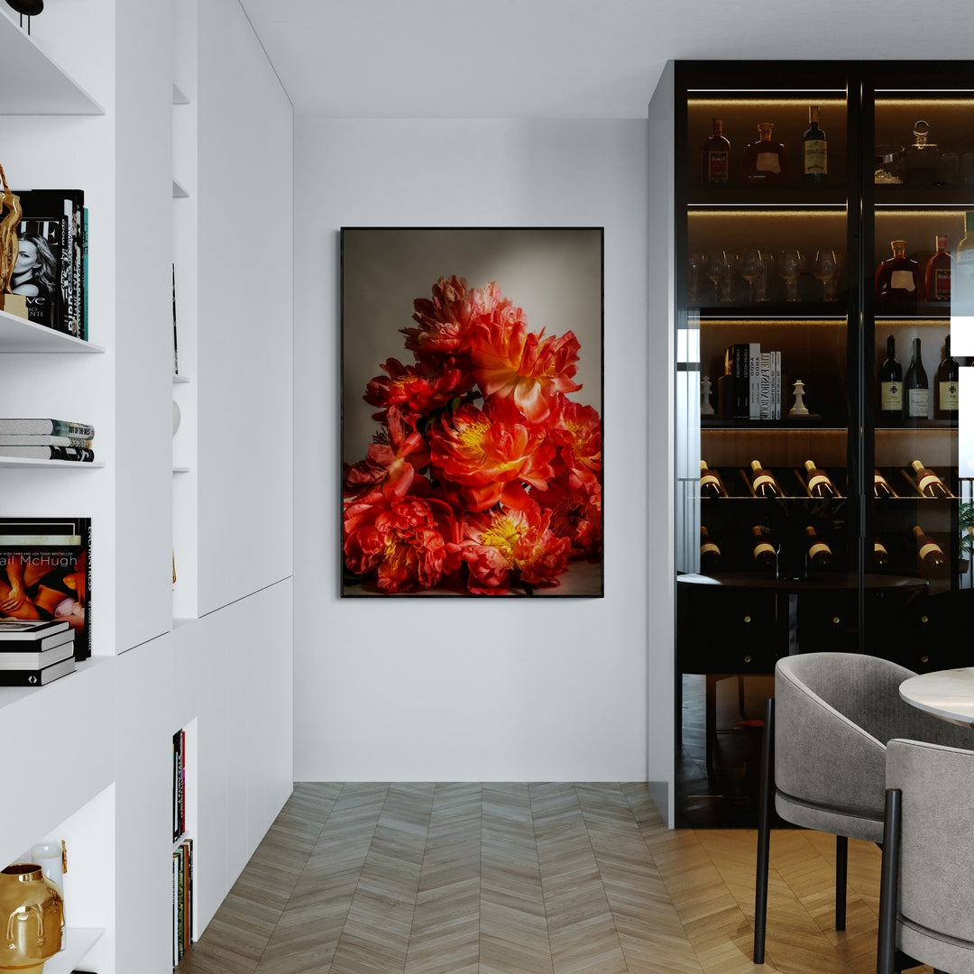 Coral Sunset Peony Canvas Print in dining room by Kirsten Clark Art