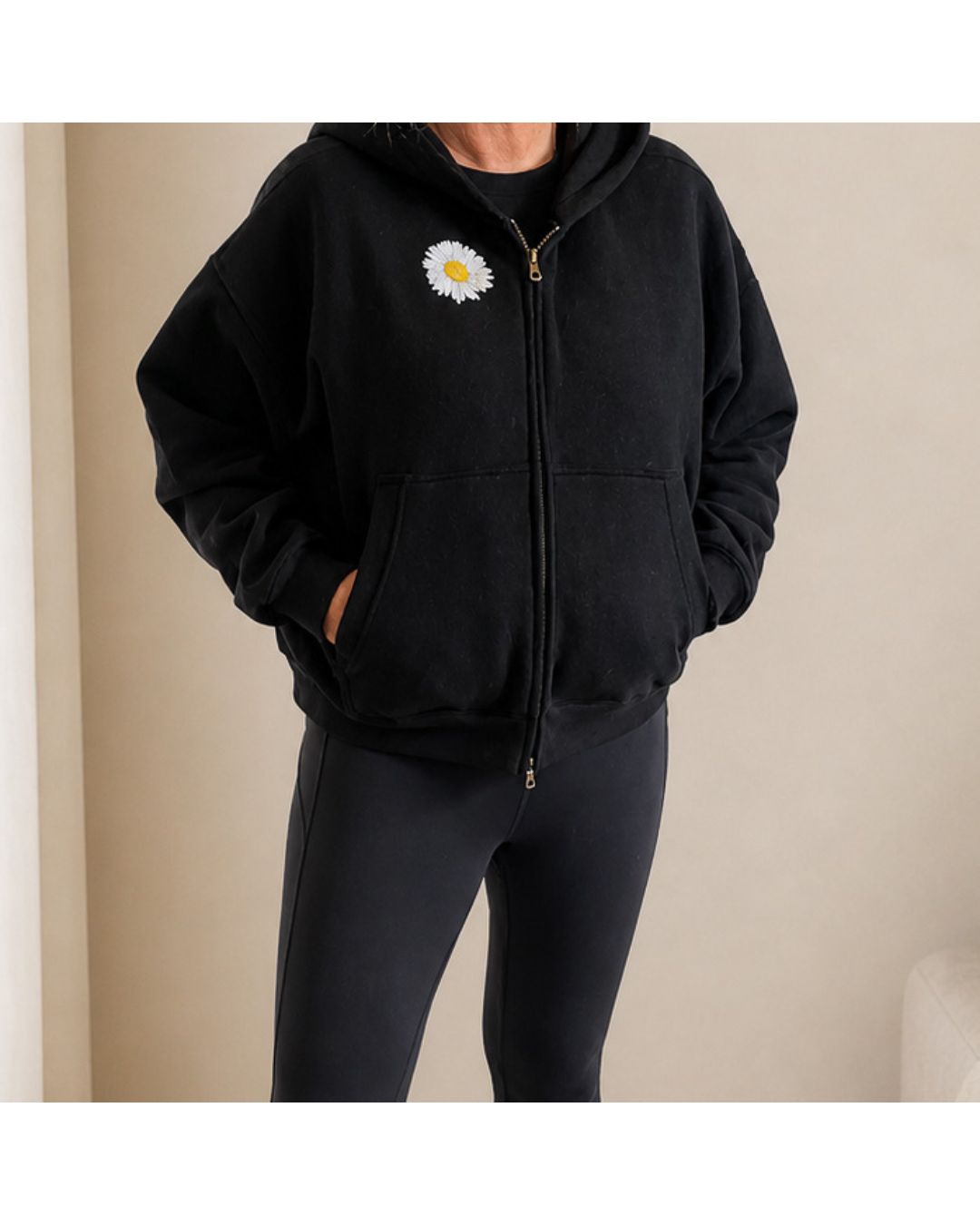 Daisy Brooch Hoodie Dual Zip