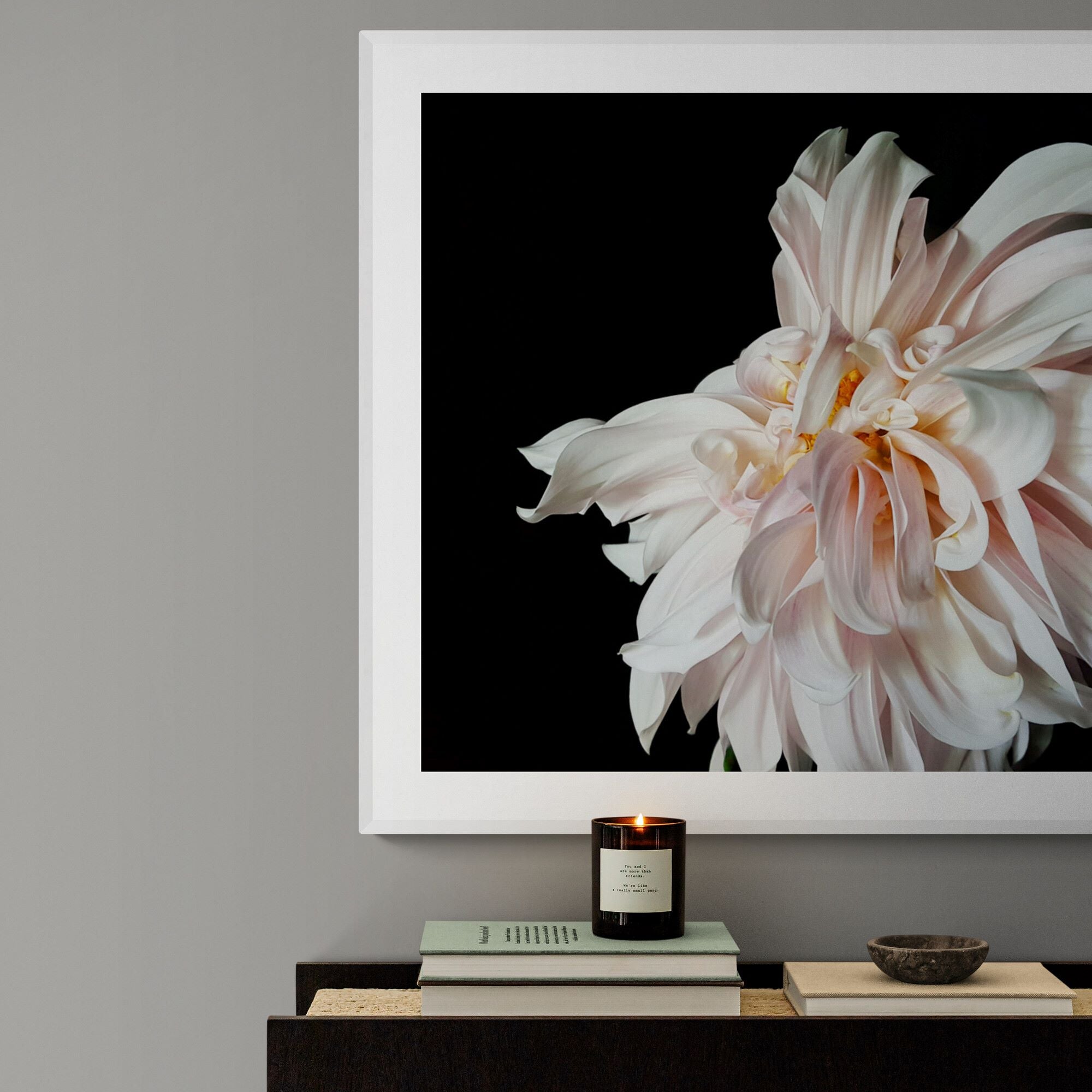 Dancing Dahlia Print in above modern-console-table by Kirsten Clark Art