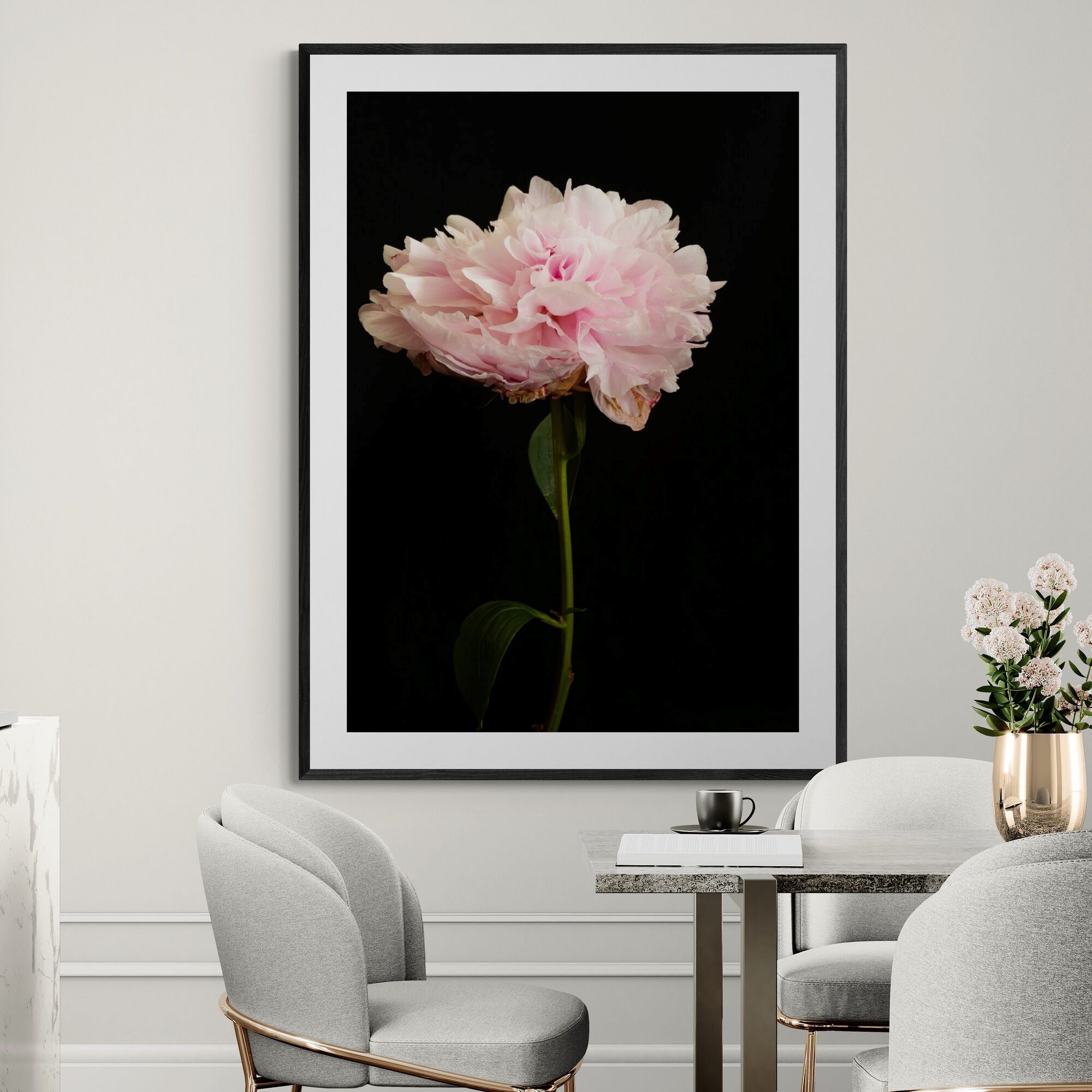 Dancing Peony Print in elegant dining room by Kirstten Clark Art