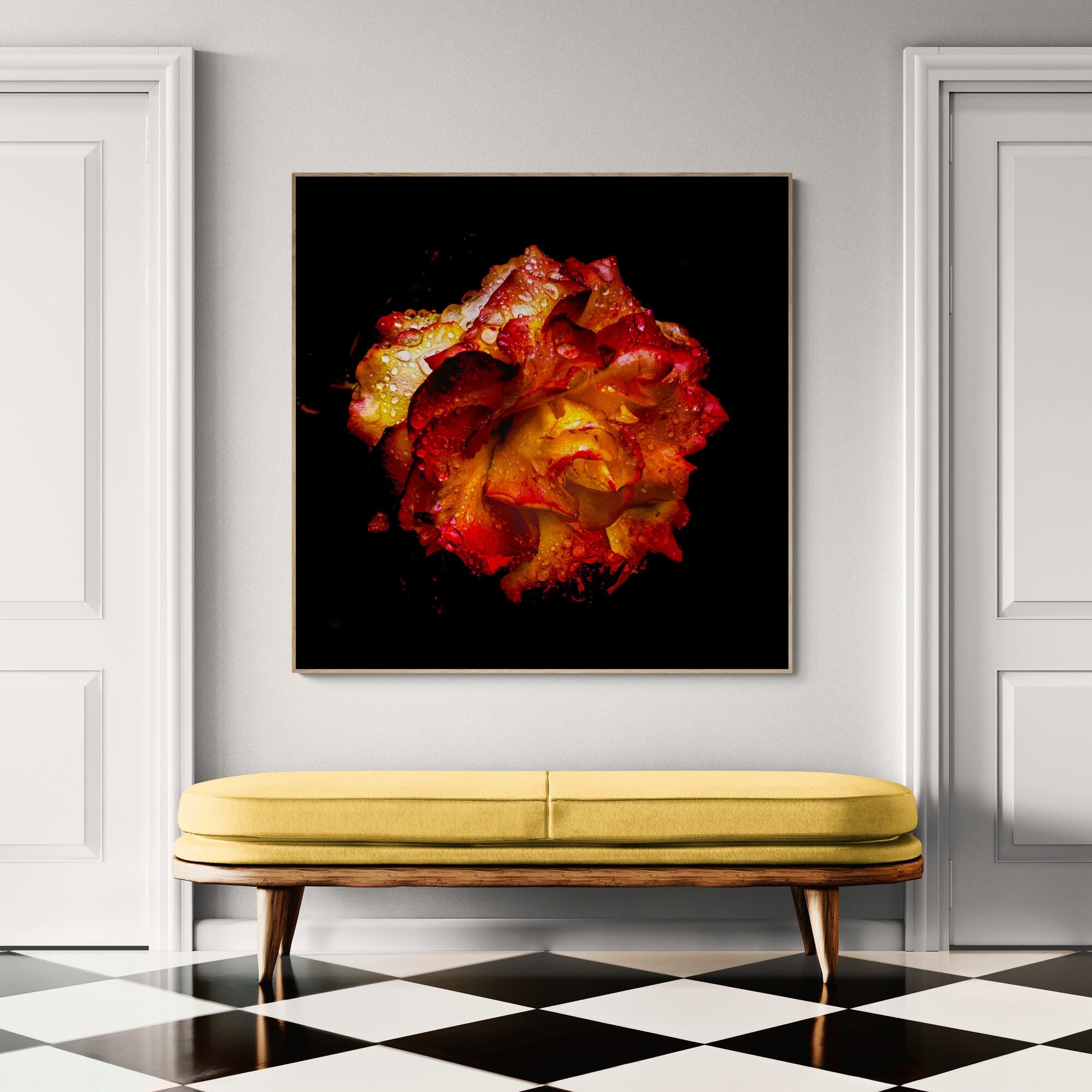 Glistening Rose Canva Print in classical hallway by Kirsten Clark Art