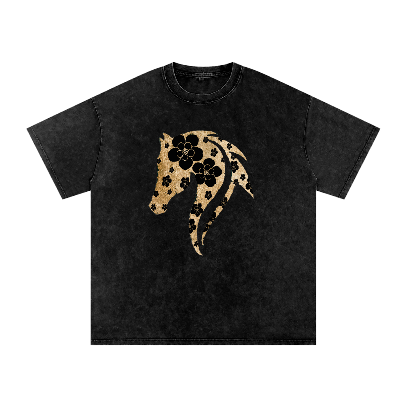 Black t-shirt with champagne gold and black floral horse design