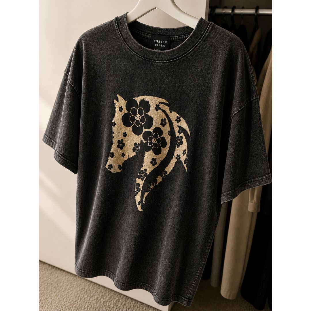 Golden Horse & Floral Tee - Vintage Wash