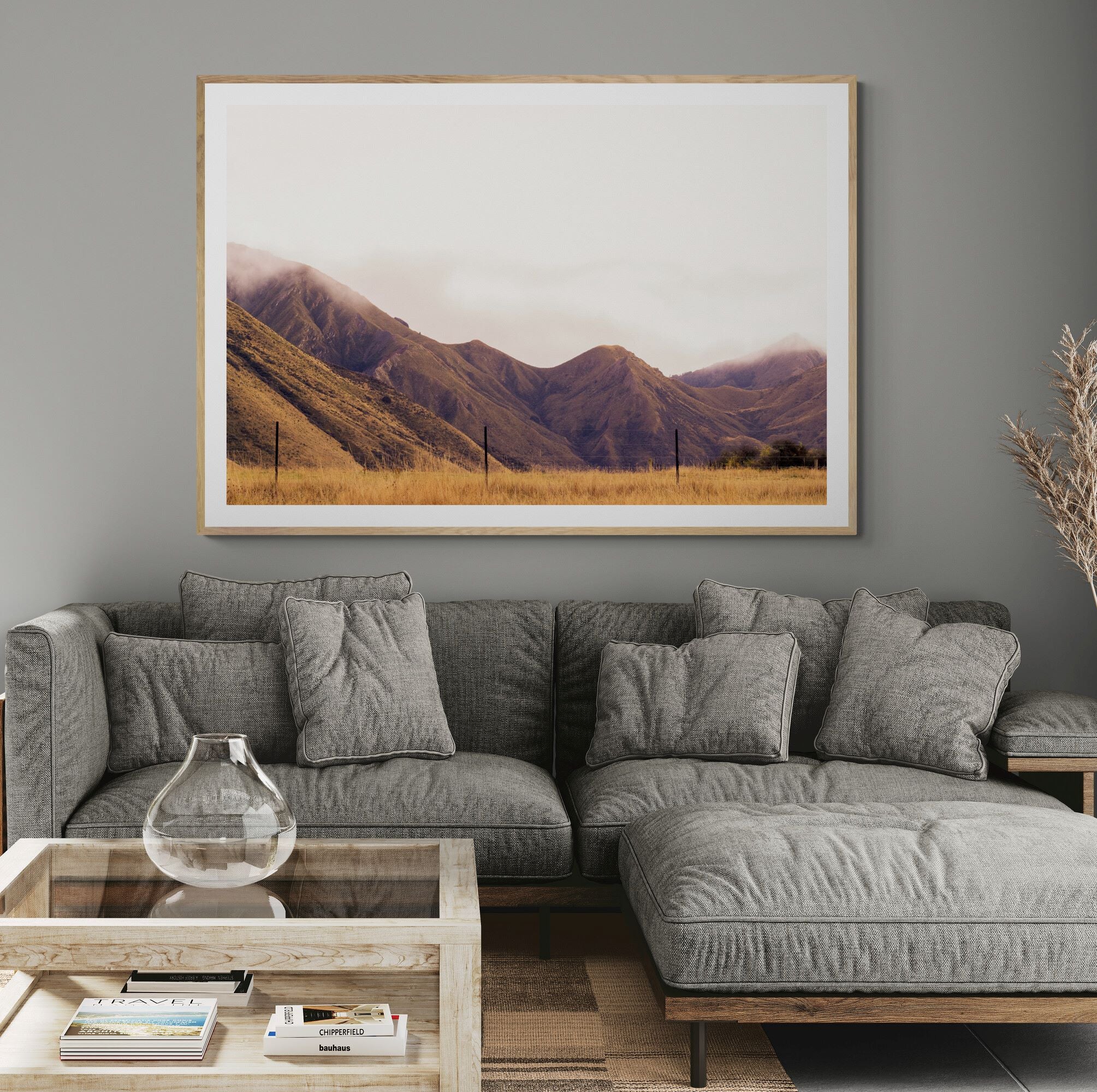 Golden_Mountains_Queenstown_Print_framed_in_living_room by Kirsten Clark Art