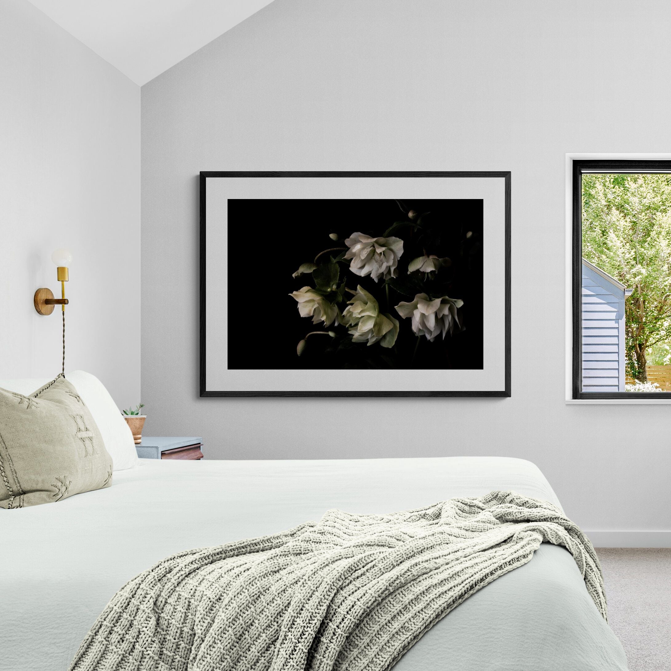 Hellebore Winter Rose Print in bedroom by Kirsten Clark Art