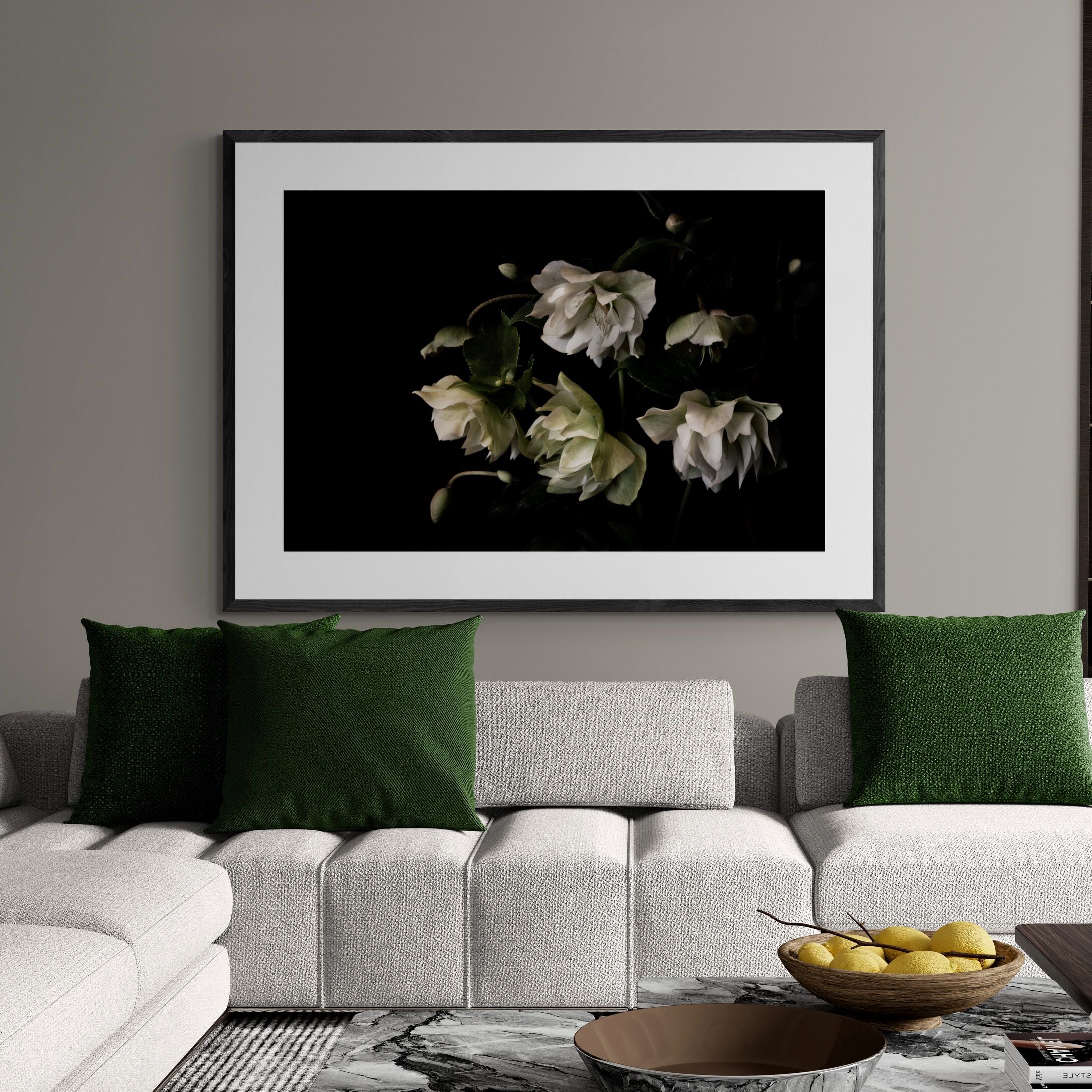 Hellebore Winter Rose Print in modern living roomby Kirsten Clark Art