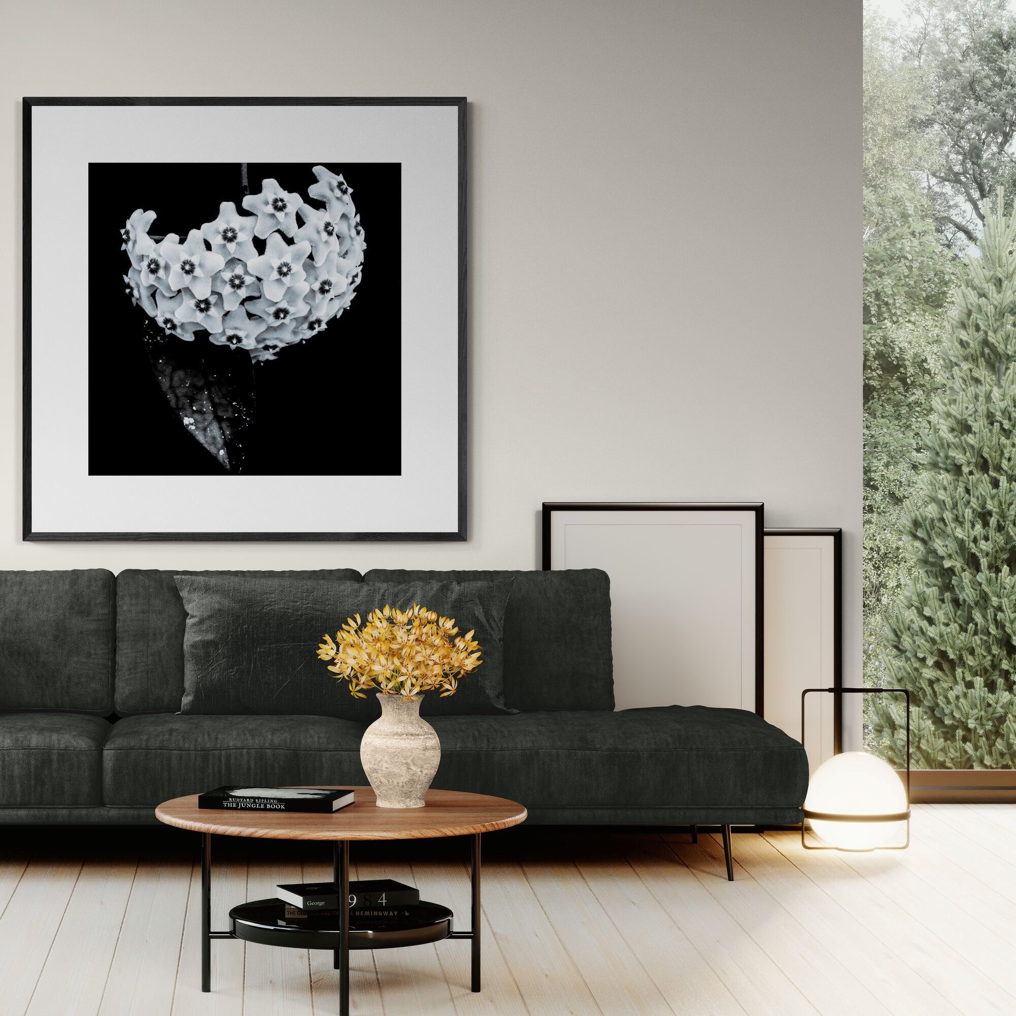 Hoya black & white print in living room by Kirsten Clark Art