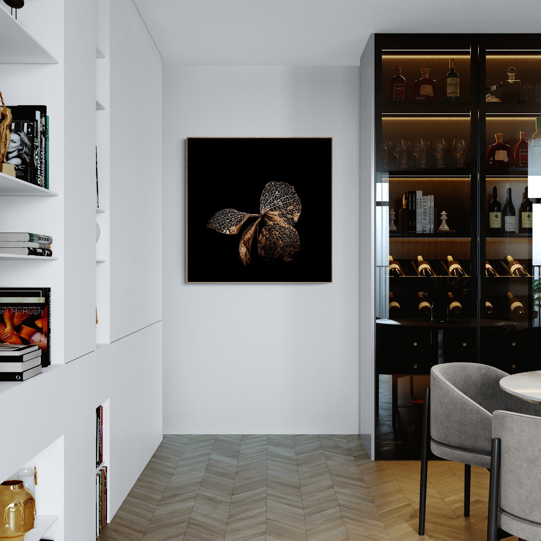 Hydrangea Butterfly canvas print with oak frame styled in a dining area corner