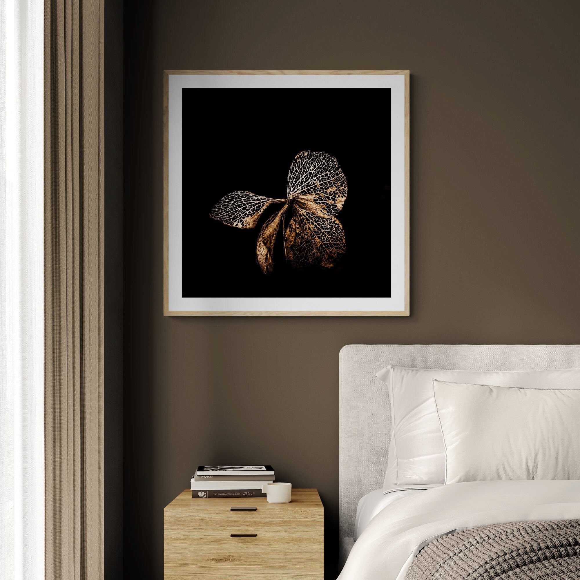 Hydrangea Butterfly fine art print in bedroom by Kirsten Clark Art