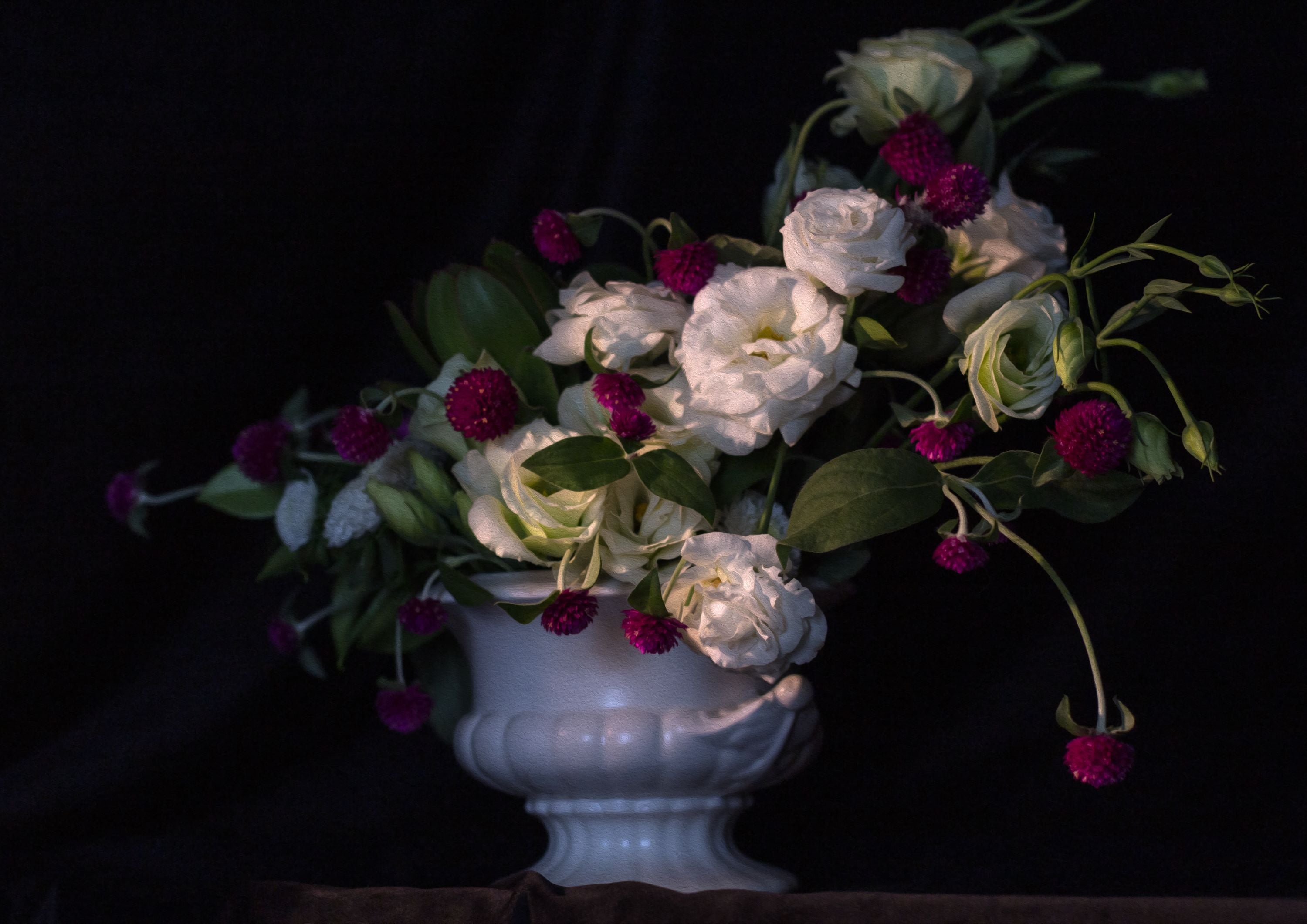 Still Life White and Crimson floral study on canvas or print with a subtle painterly aesthetic featuring Lisianthus and Gomphrena.