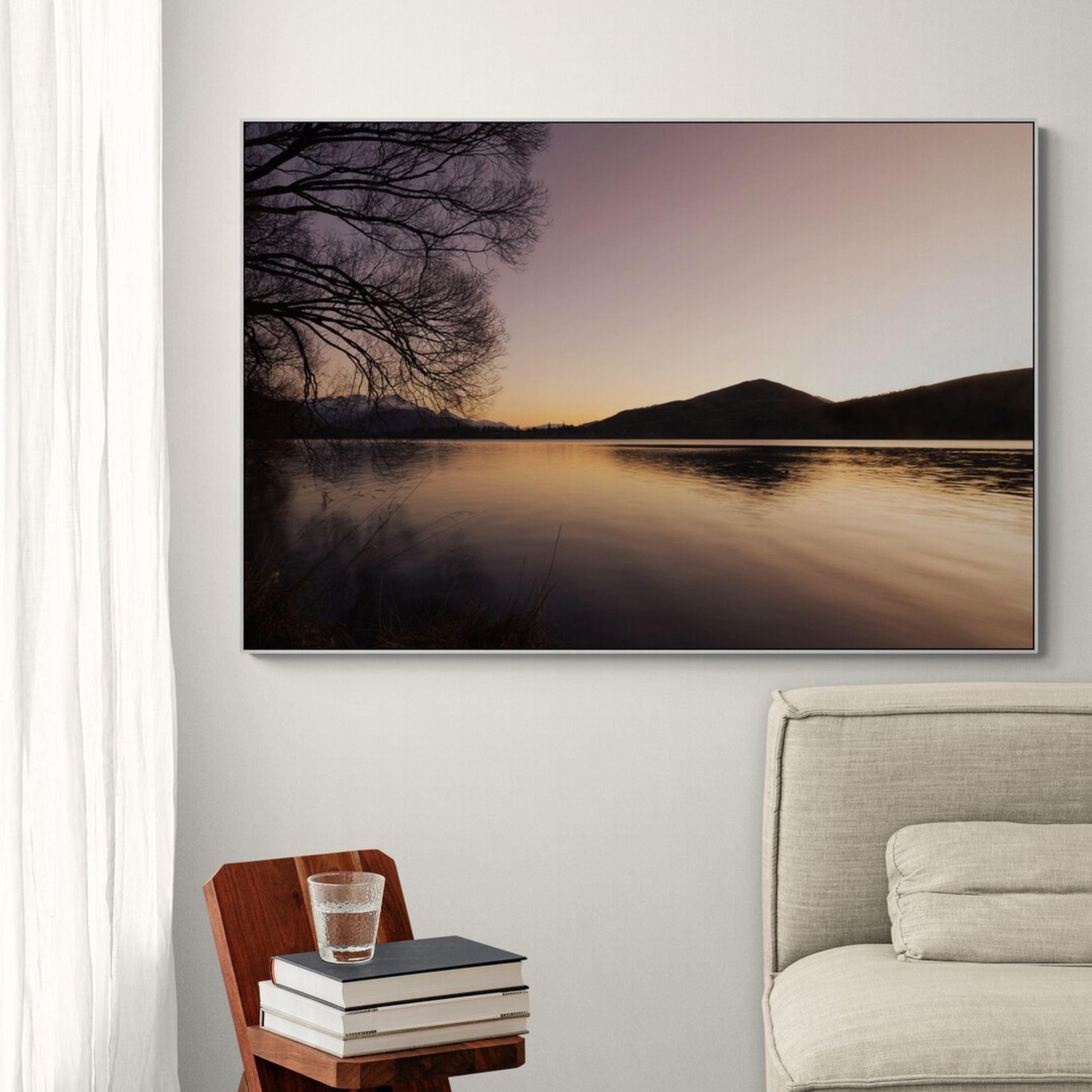 Lake Hayes Canvas print in corner of neutral lounge KirstenClark Art
