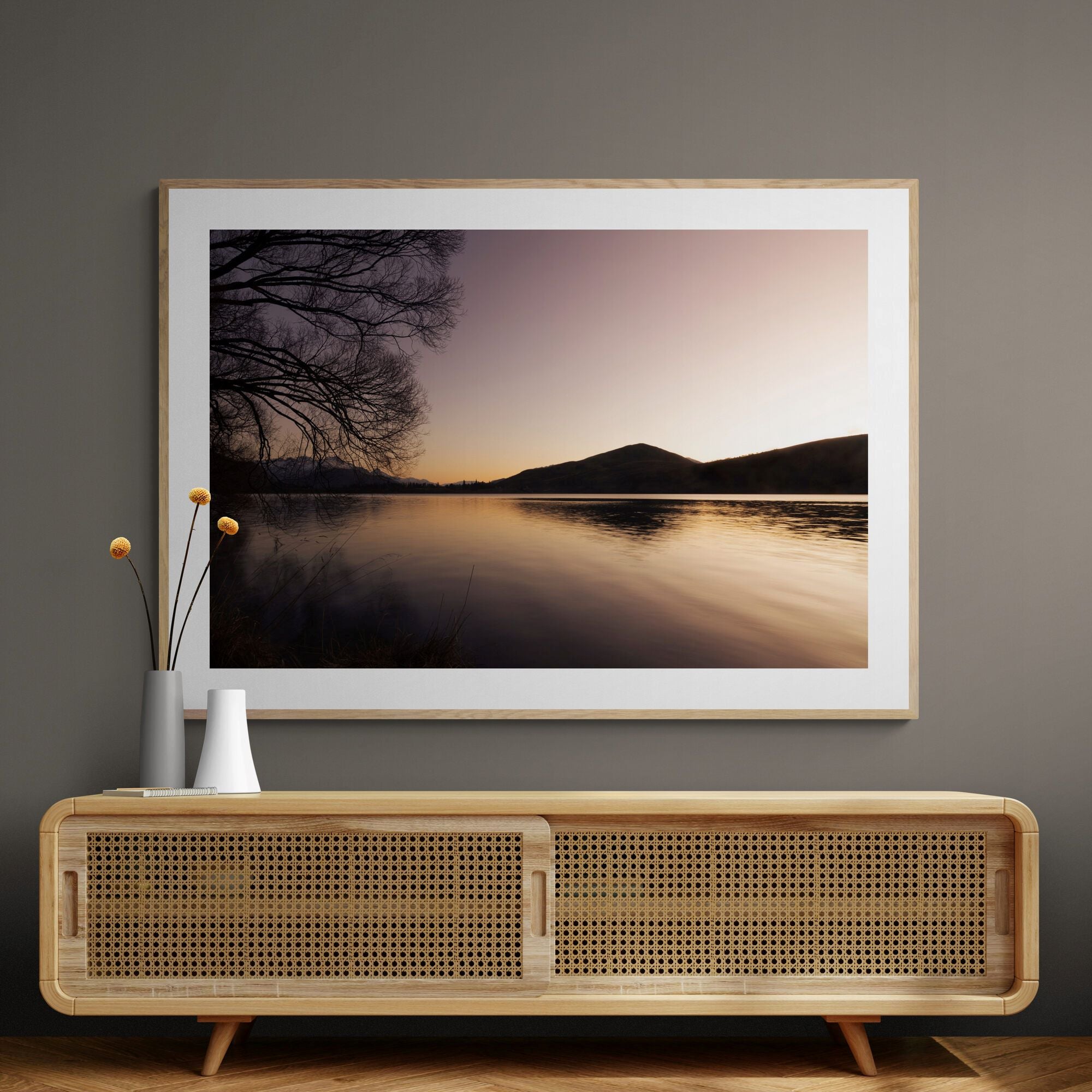 Lake Hayes fine art print natural frame above console by Kirsten Clark Art
