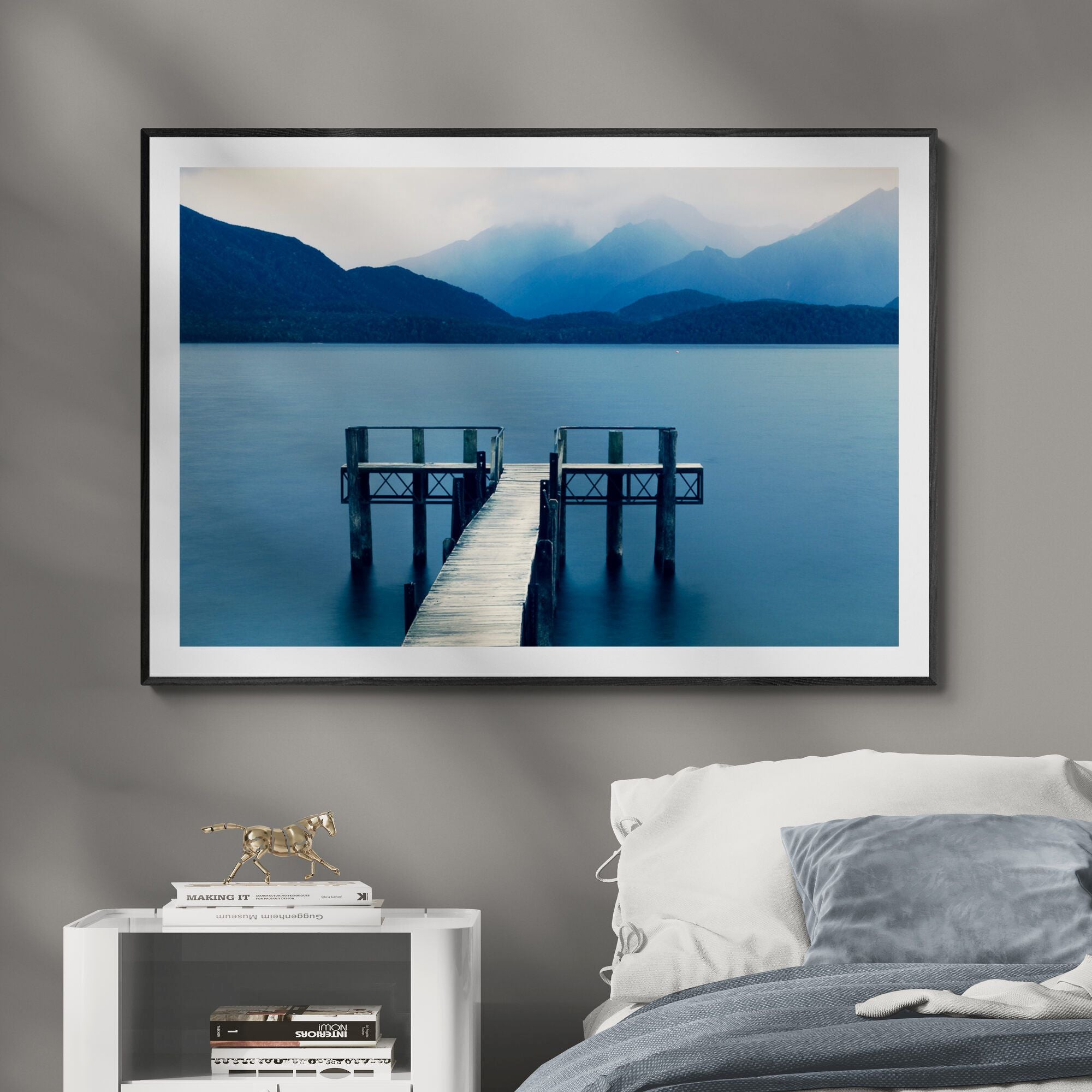 Lake Te Anau Jetty Fine Art print in bedroom by Kirsten Clark Art