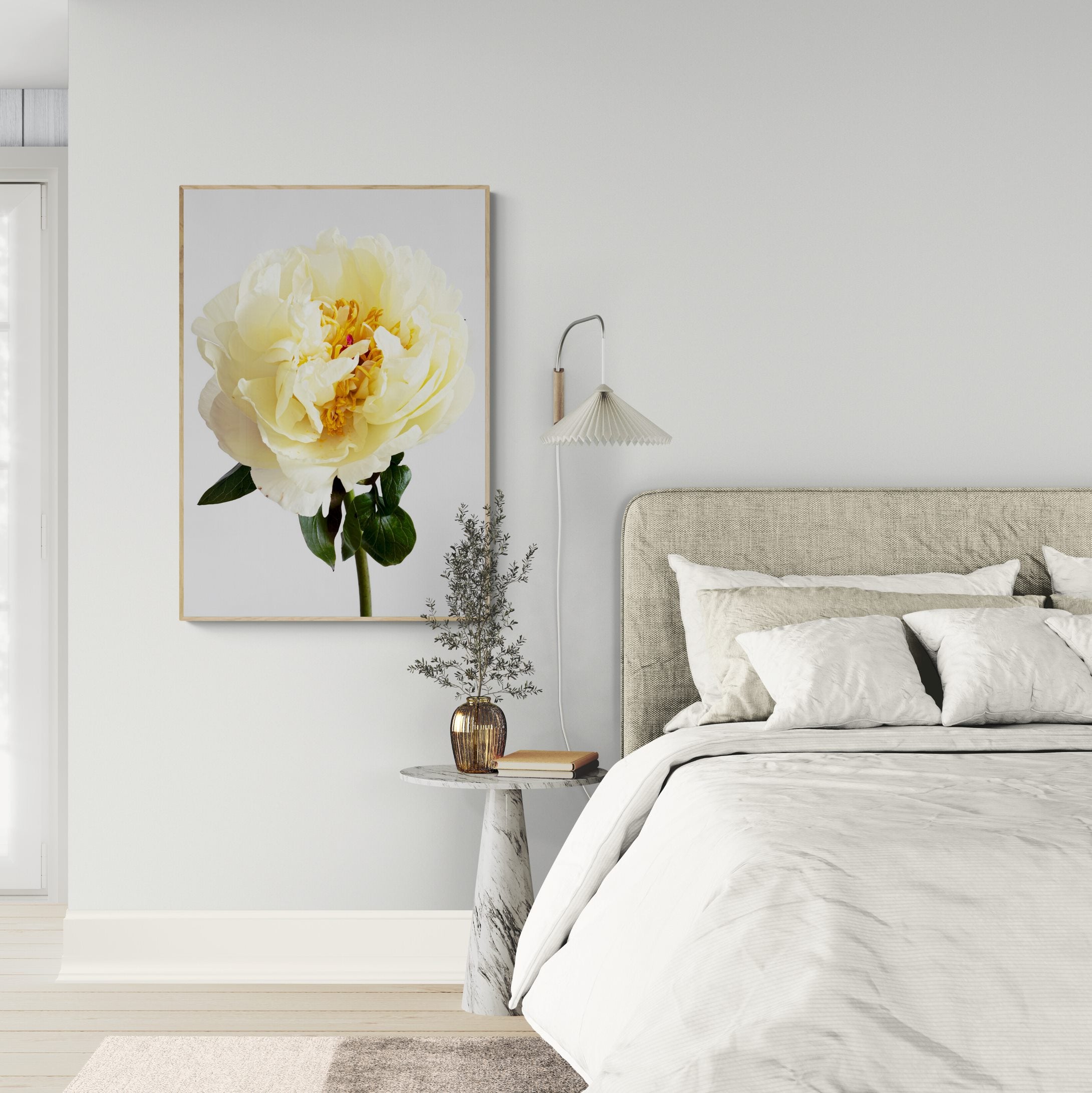 Lemon Chiffon Peony Canvas Print in bedroom by Kirsten Clark Art