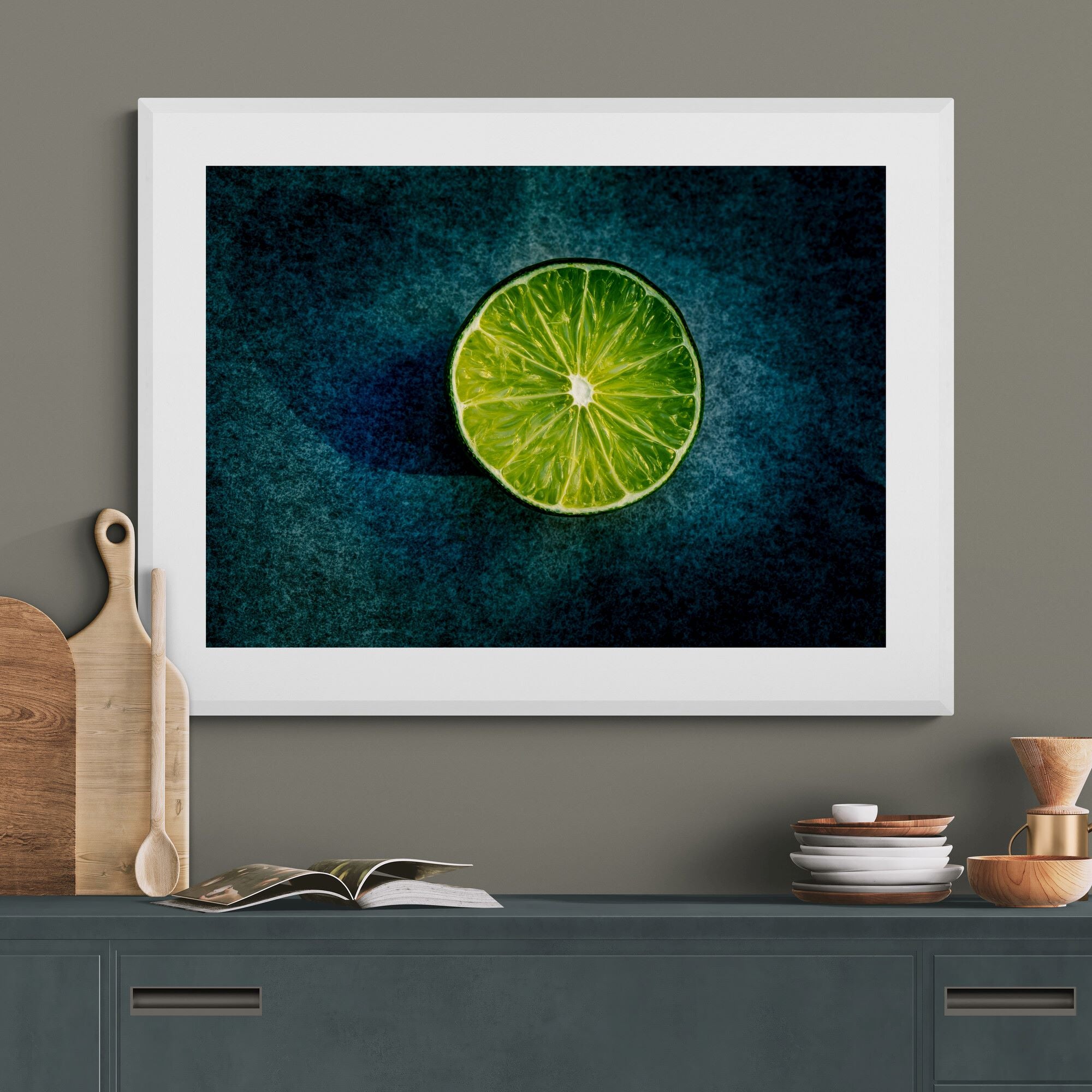 Lime Light Print above kitchen-cabinet by Kirsten Clark Art