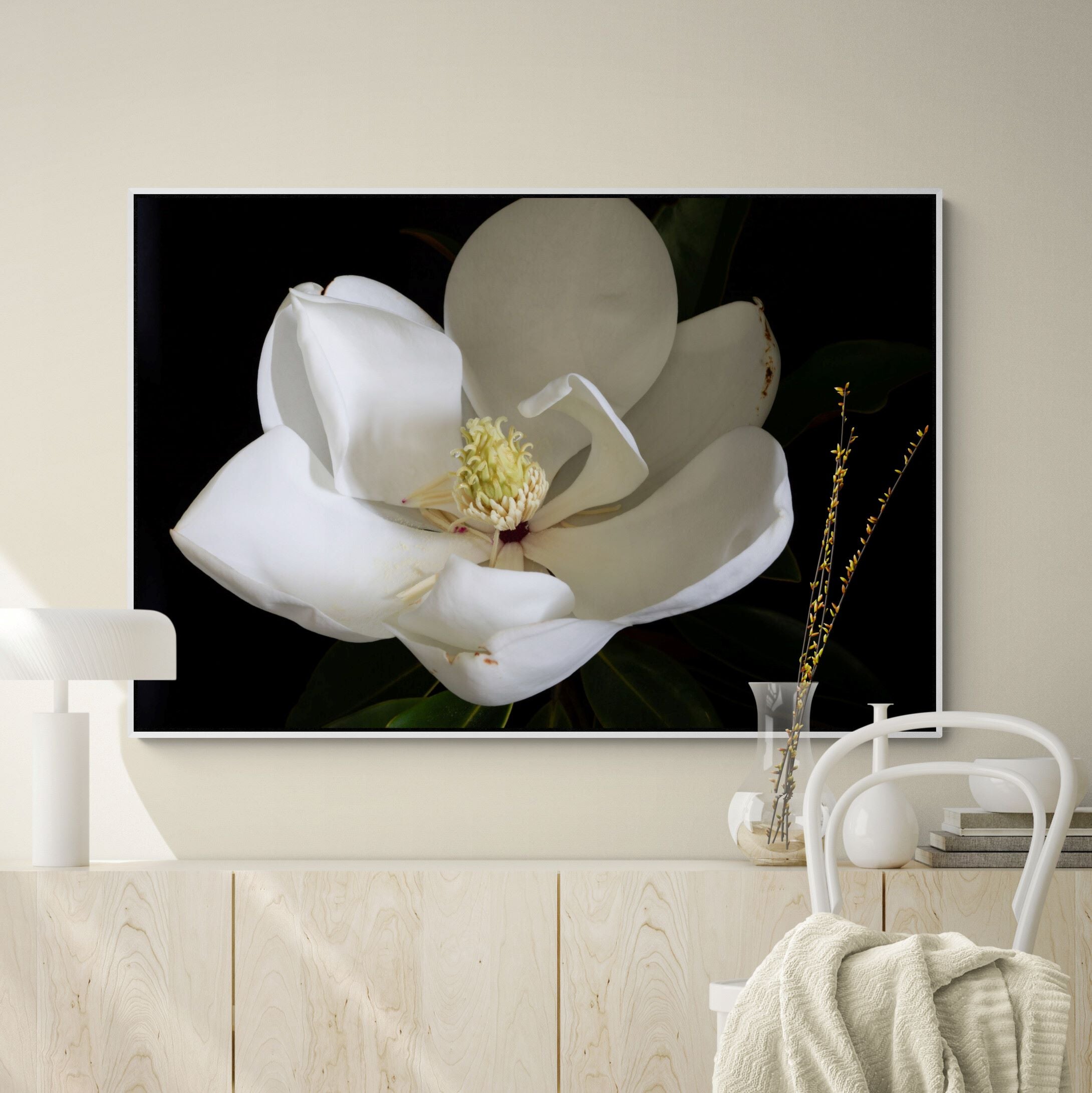 Magnolia III Canvas Print frame above console from Kirsten Clark Art