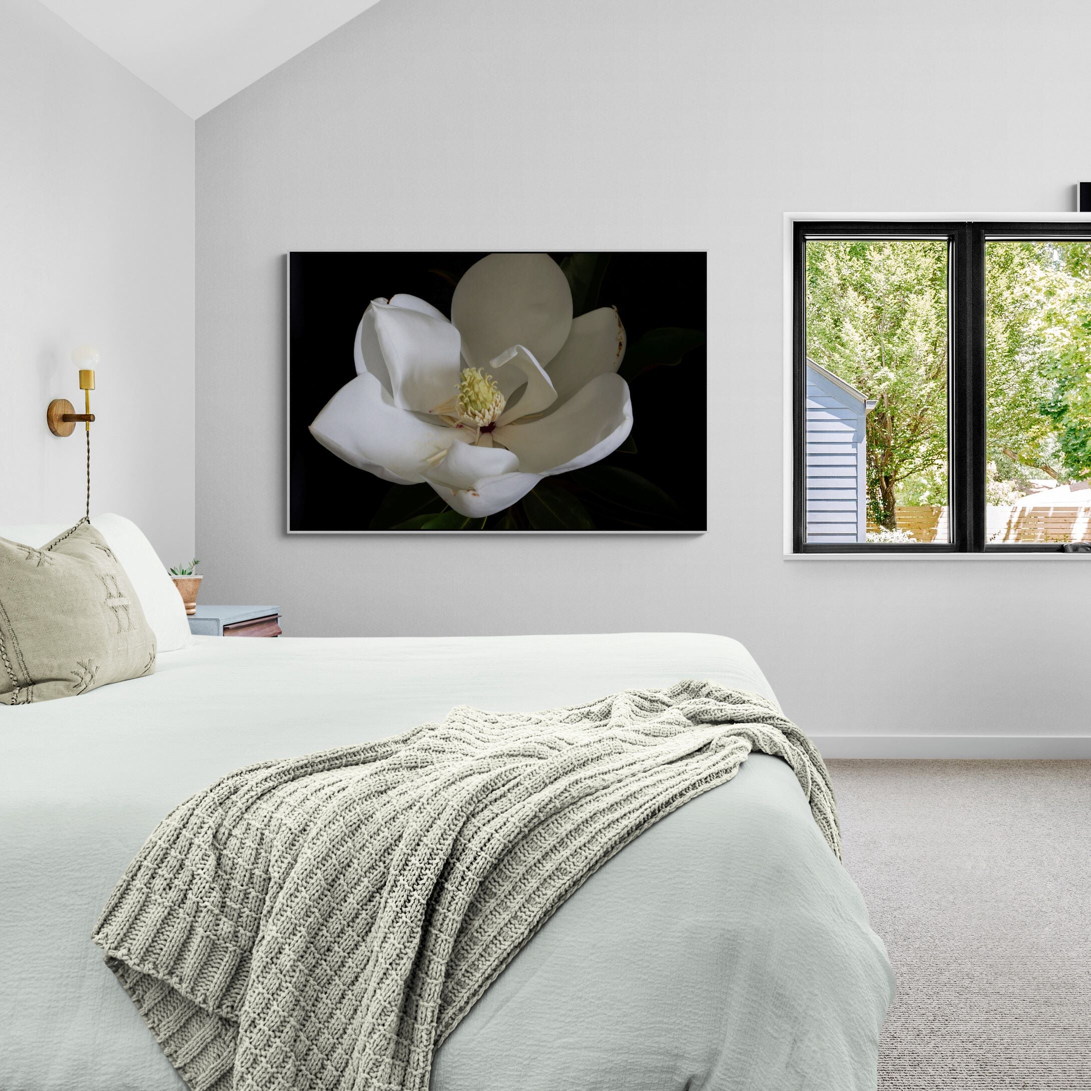 Magnolia III canvas print in bedroom Kirstnen Clark Art
