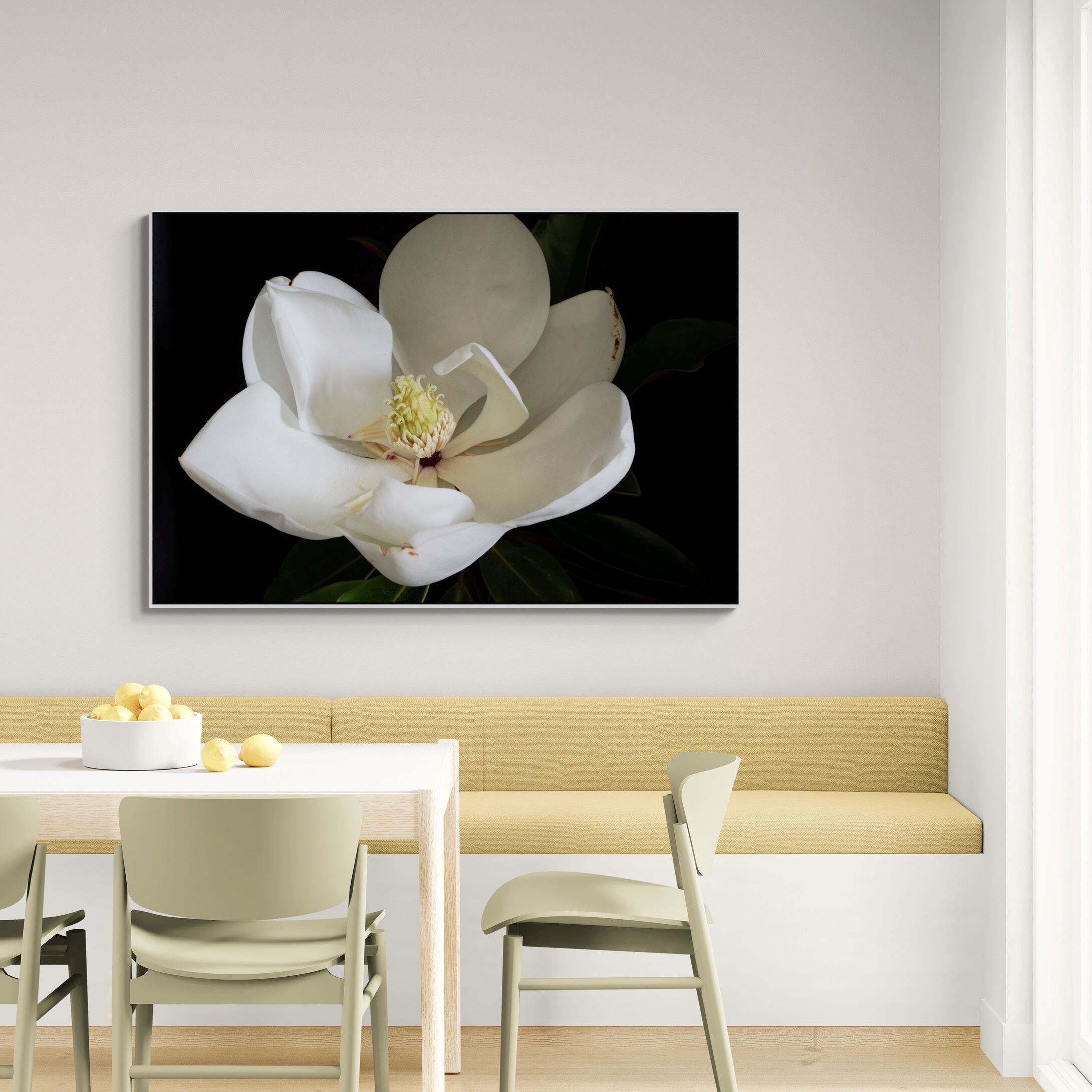 Magnolia III canvas print in dining area by Kirsten Clark