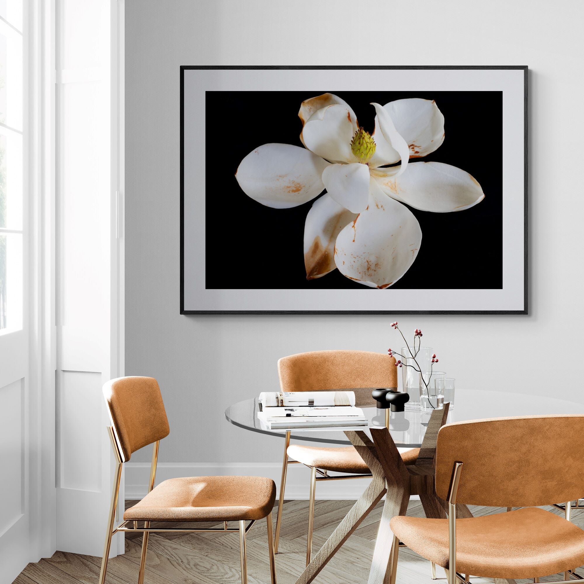 Magnolia II floral fine art print displayed in stylish contemporary dining room by Kirsten Clark art
