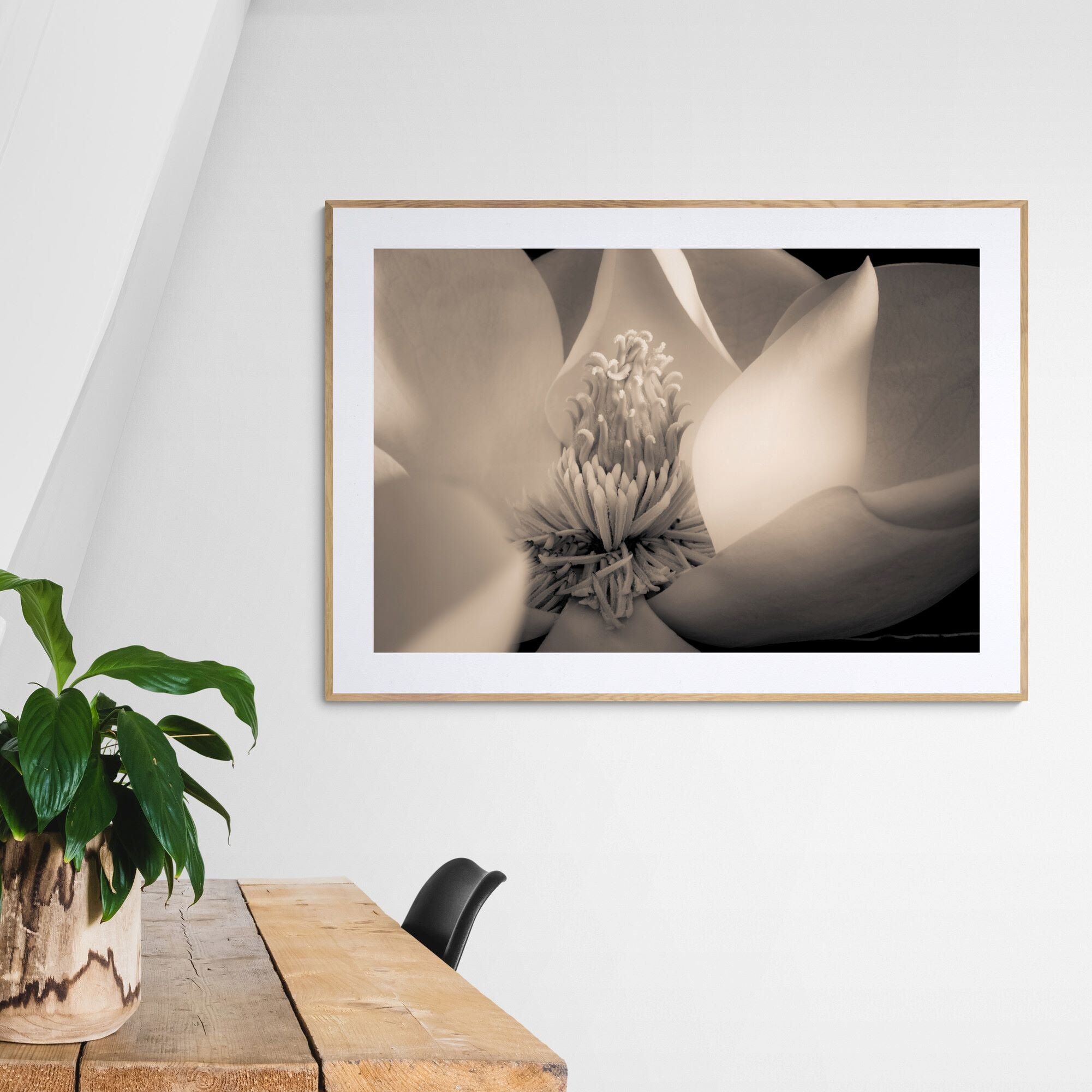 Magnolia VI sepia floral print in contemporary study with natural oak frame and rustic wood desk