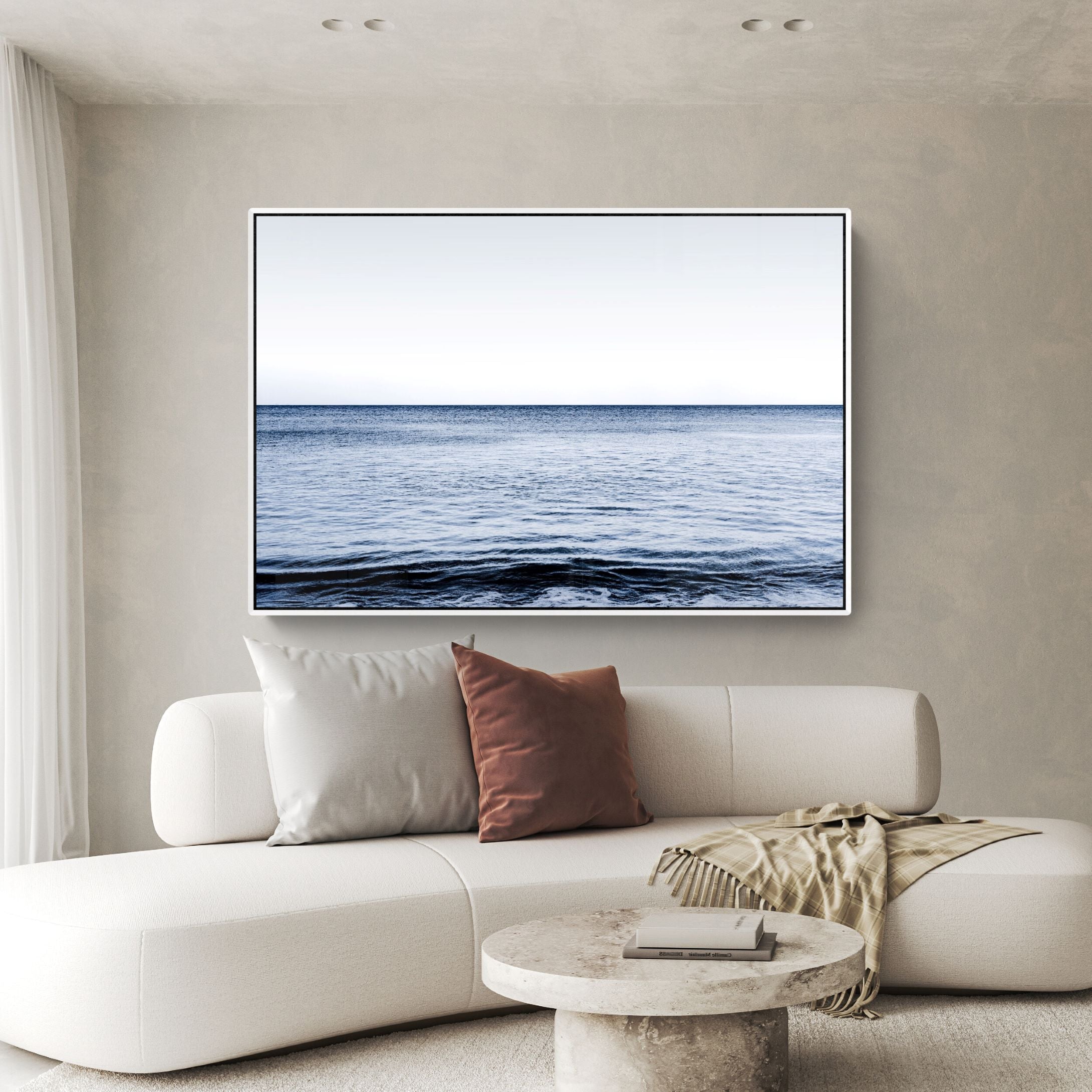 Meditative Waters canvas with white fram in modern living room