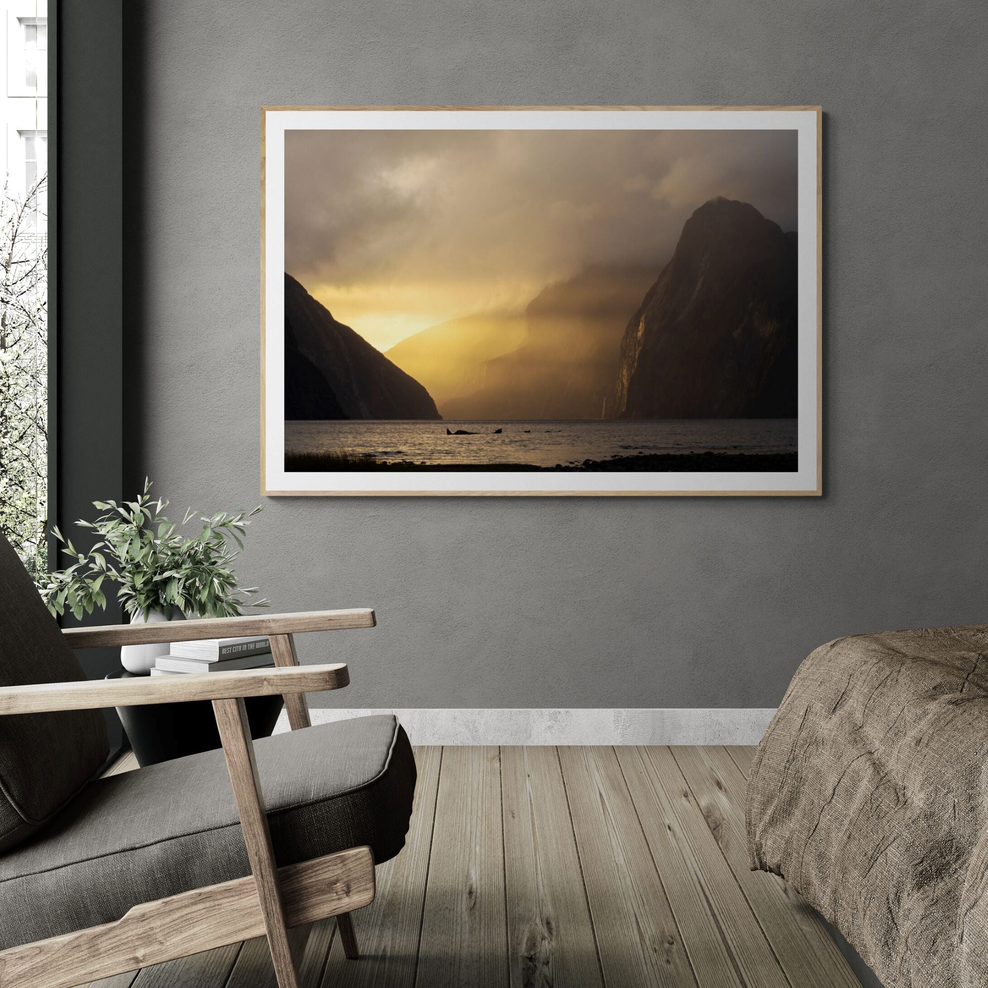 Milford Sound Golden Hour fine art print framed in bedroom by Kirsten Clark Art