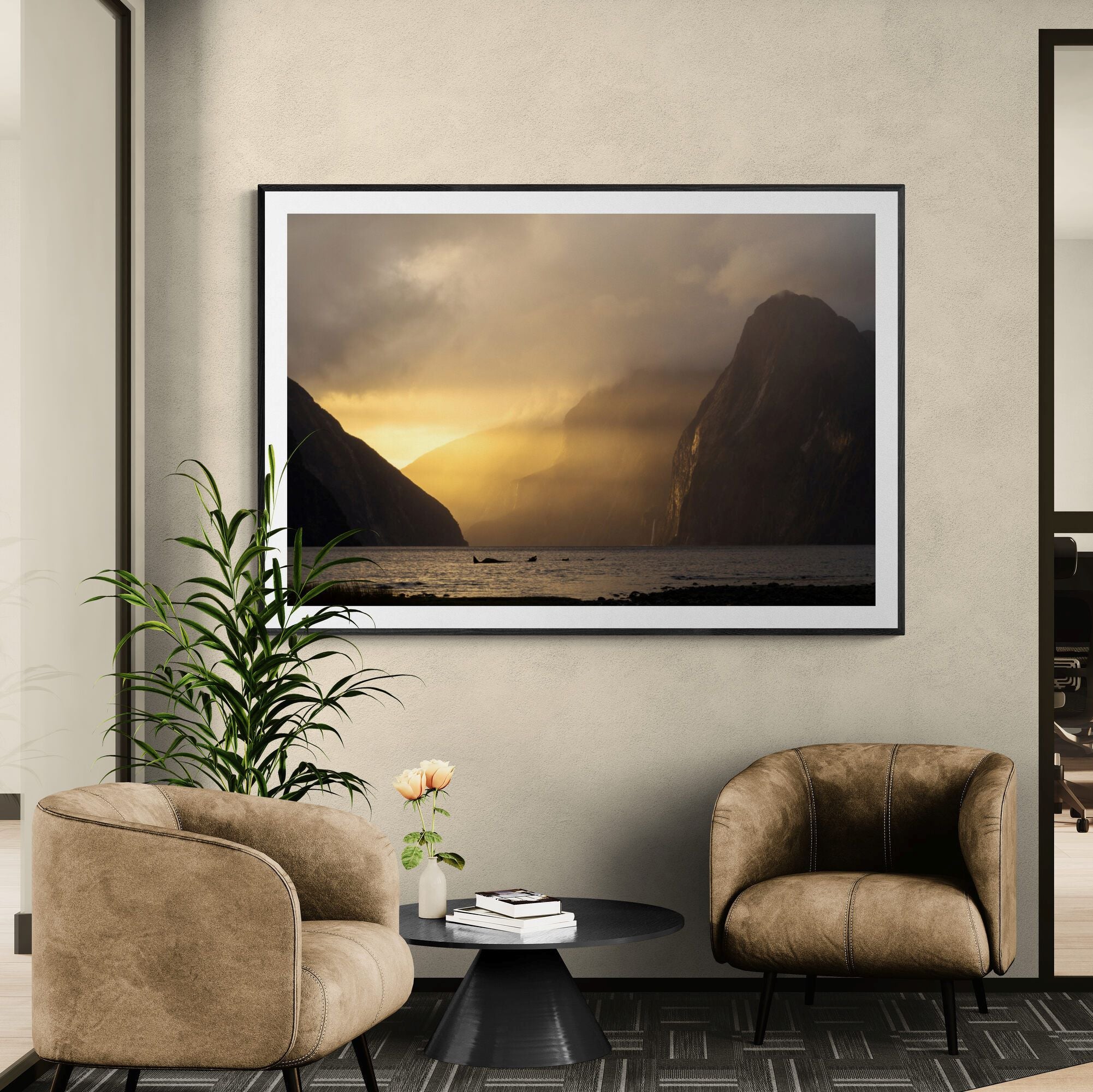 Milford Sound Golden Hour fine art print framed in office space by Kirsten Clark Art
