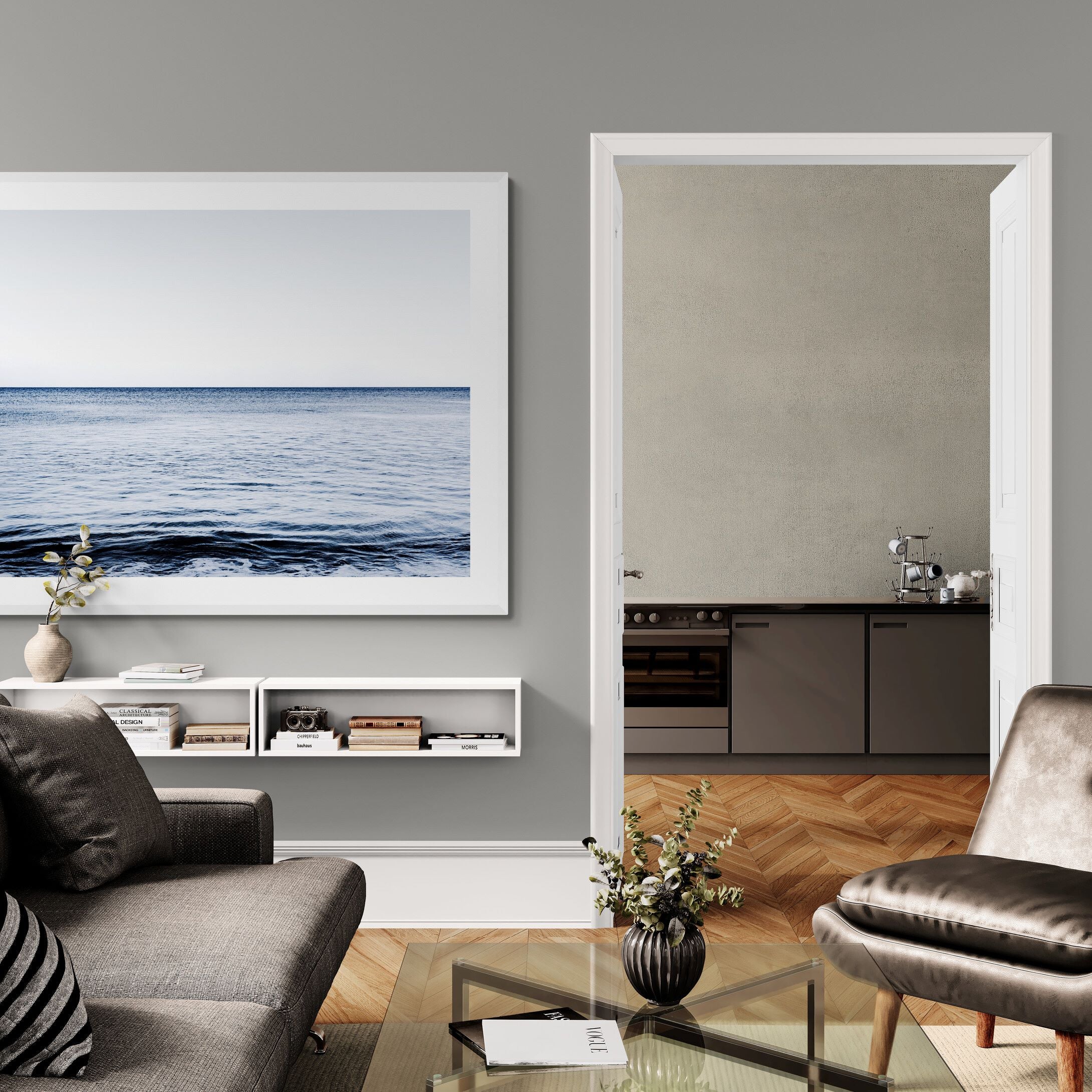 New Horizons Meditative Waters print with white frame in living room by Kirsten Clark Art