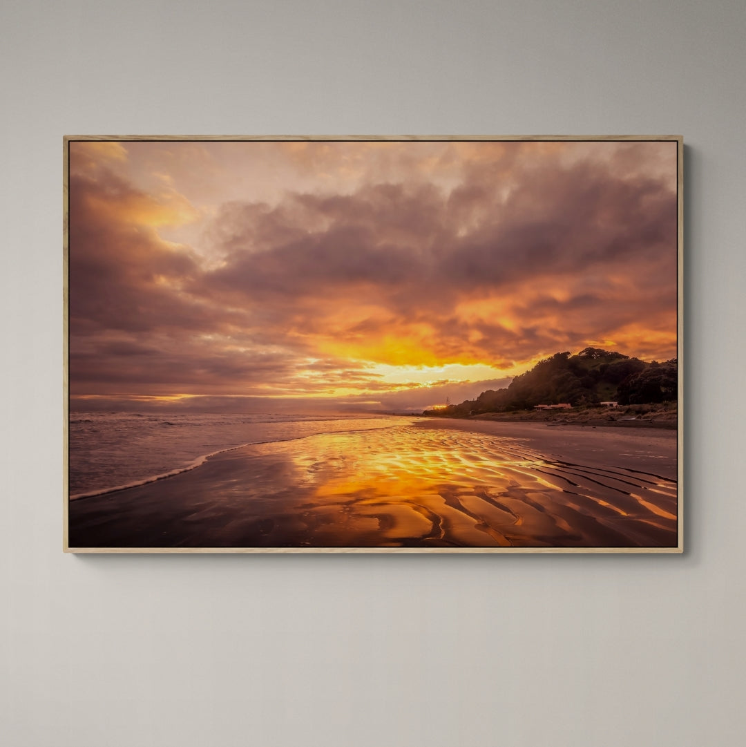 Ohope Beach liquid gold sunrise fine art canvas print by Kirsten Clark NZ