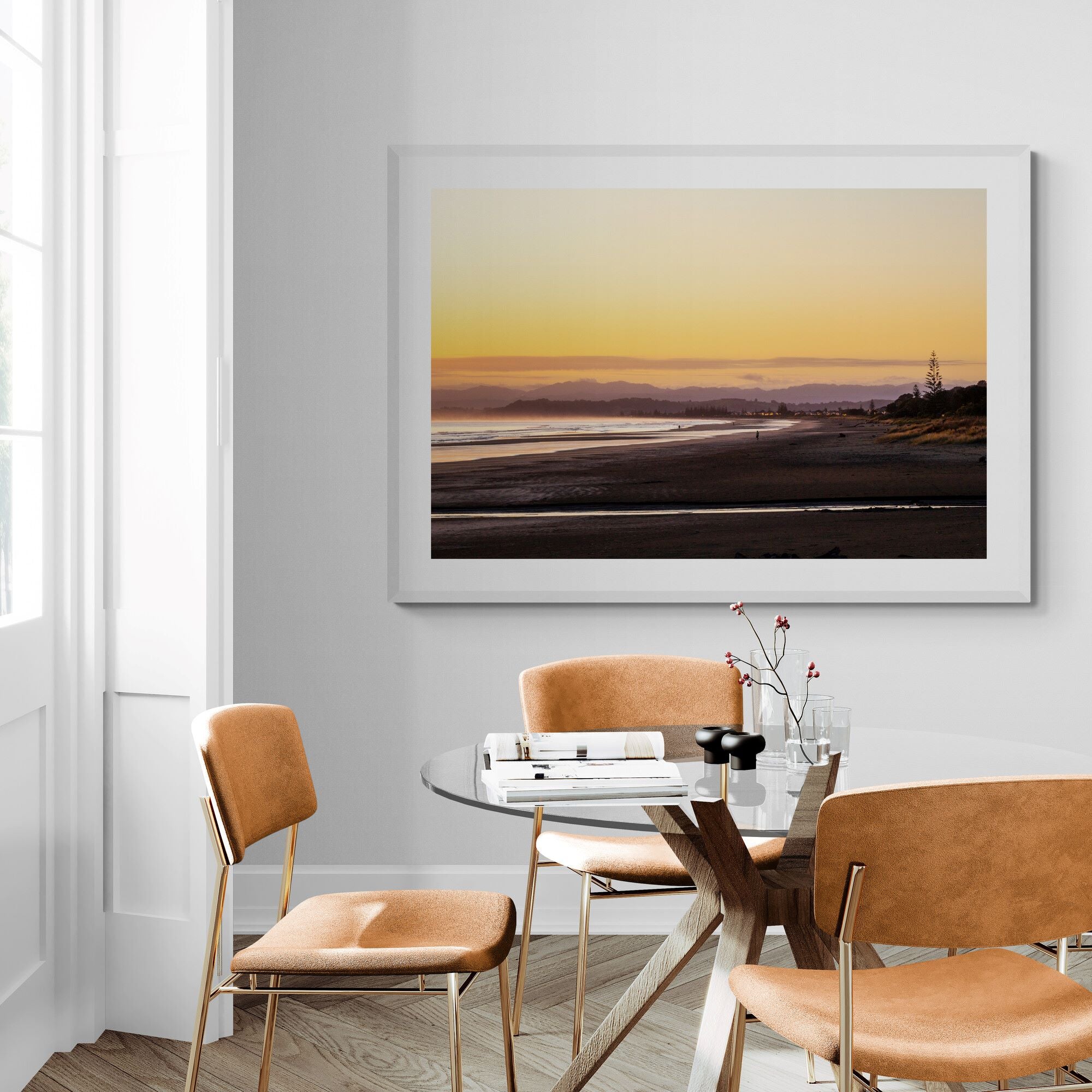 Ohope Beach sunrise print in dining room by Kirsten Clark Art
