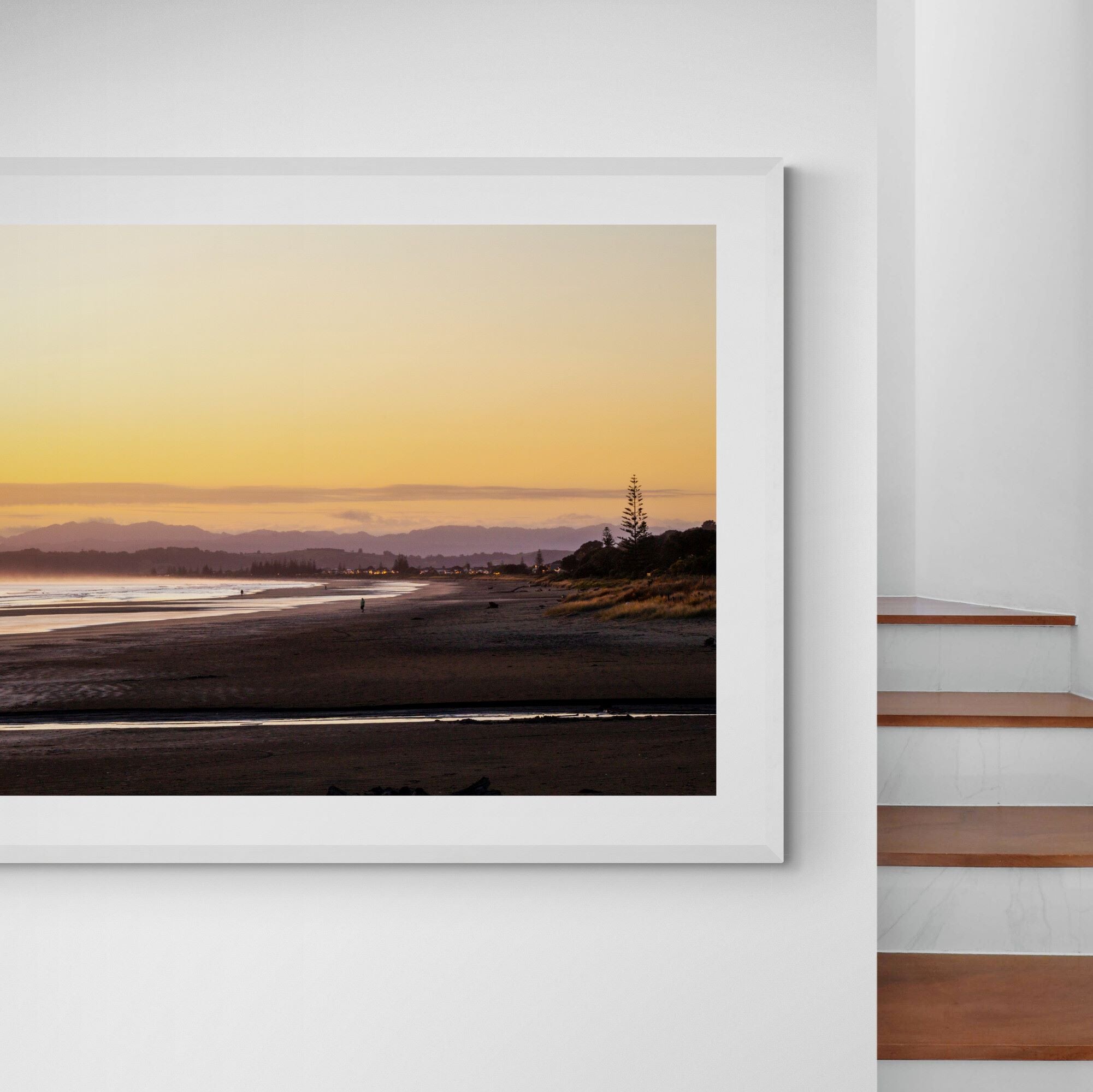 Ohope Beach sunrise print in hallway by Kirsten Clark Art