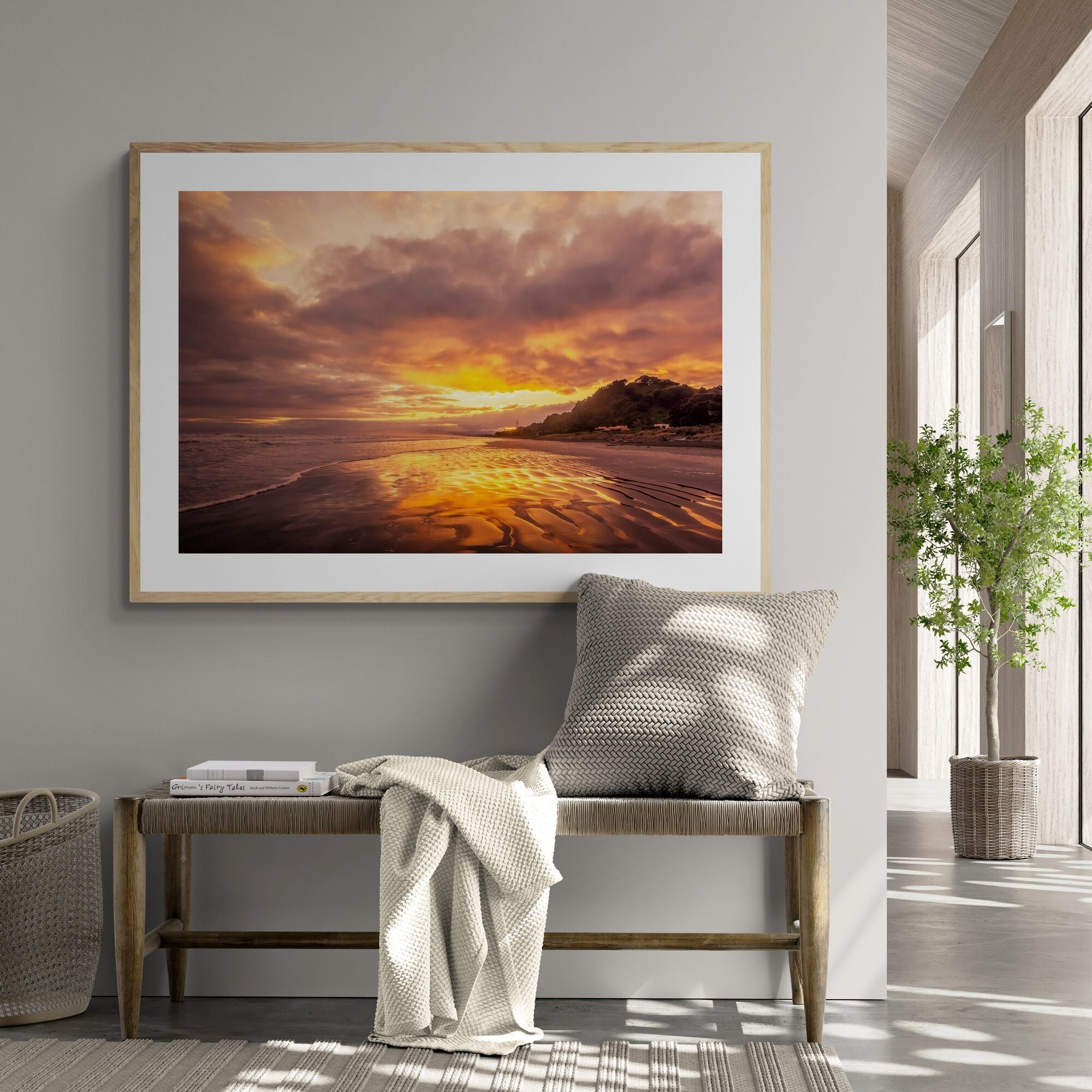 Ohope Sunrise Fine Art Print in a coastal home interior by Kirsten Clark Art