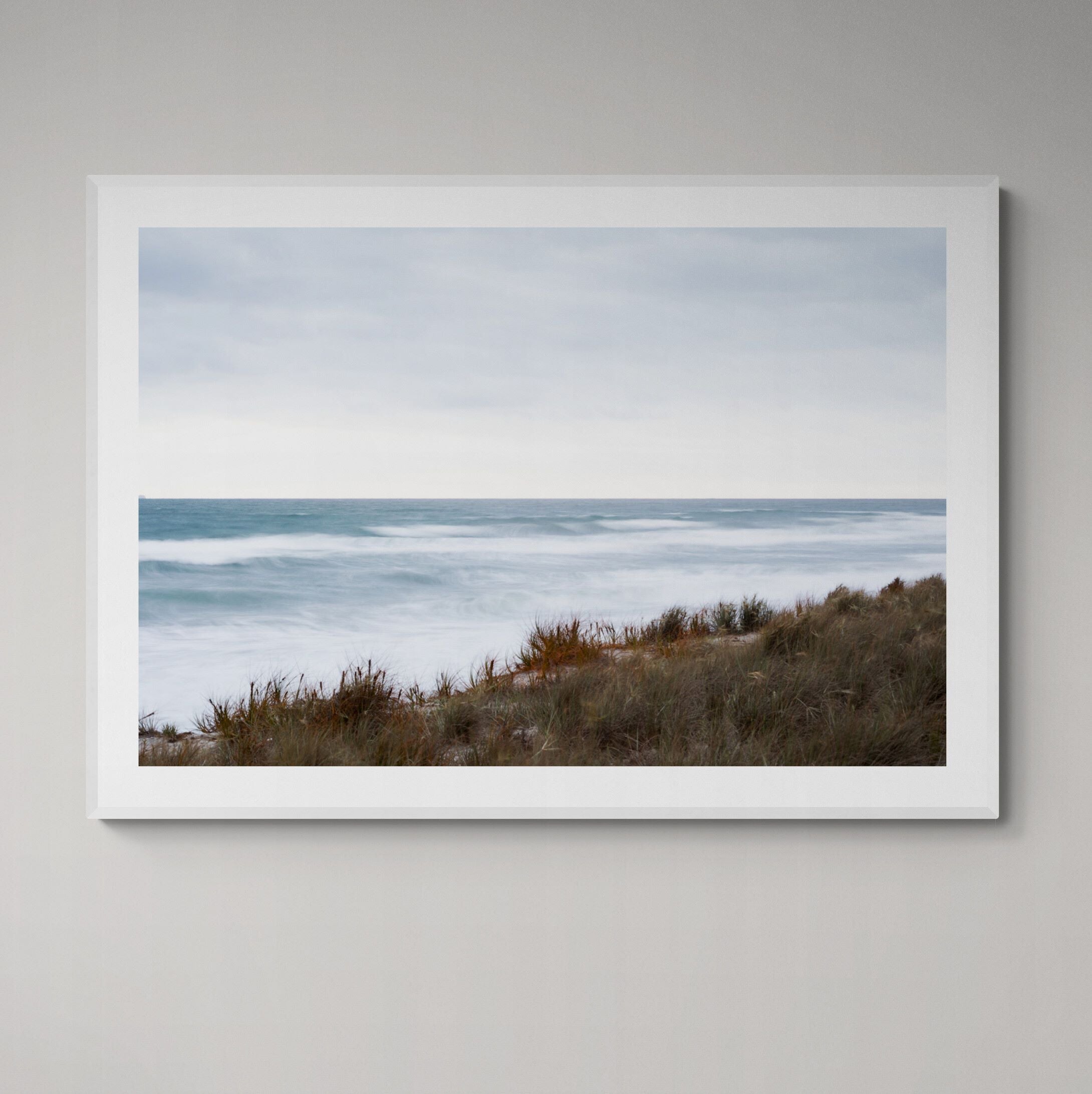 Papamoa Beach From the Dunes Print framed on the wall by Kirsten Clark Art