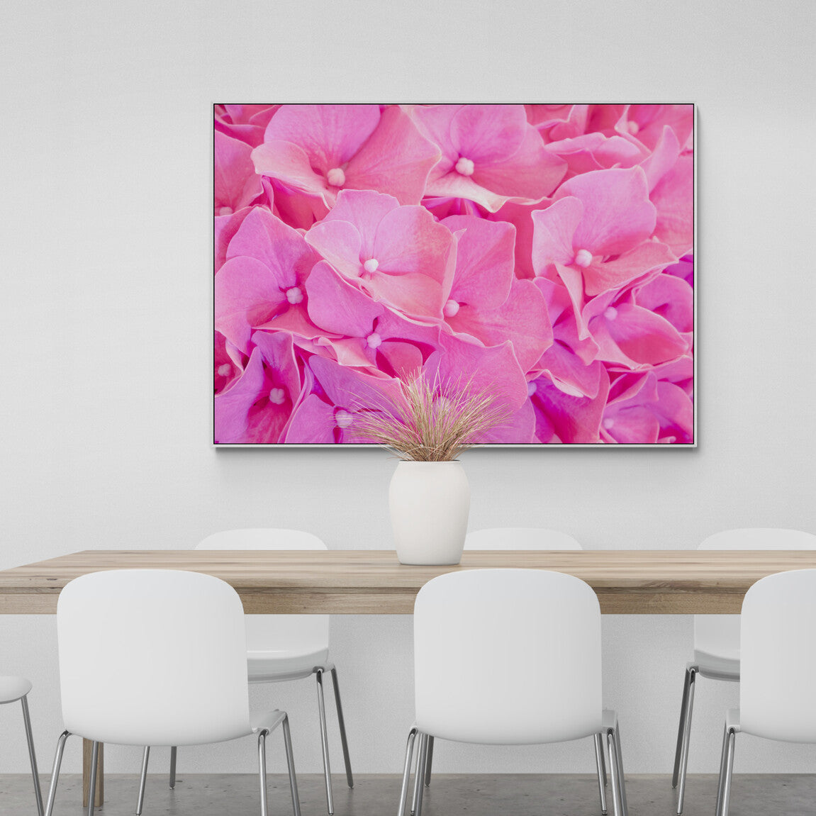 Pink Hydrangea Canvas Print In minimalistic dining space Floral Wall Art