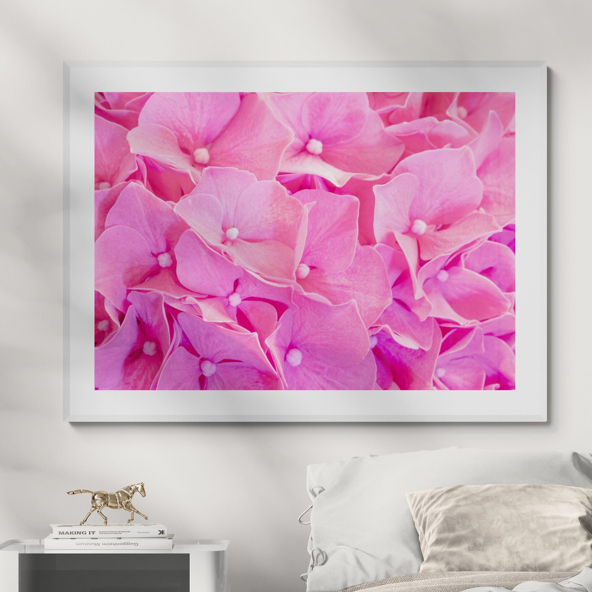 Pink_Hydrangea_Print_in_modern-bedroom by Kirsten Clark Art