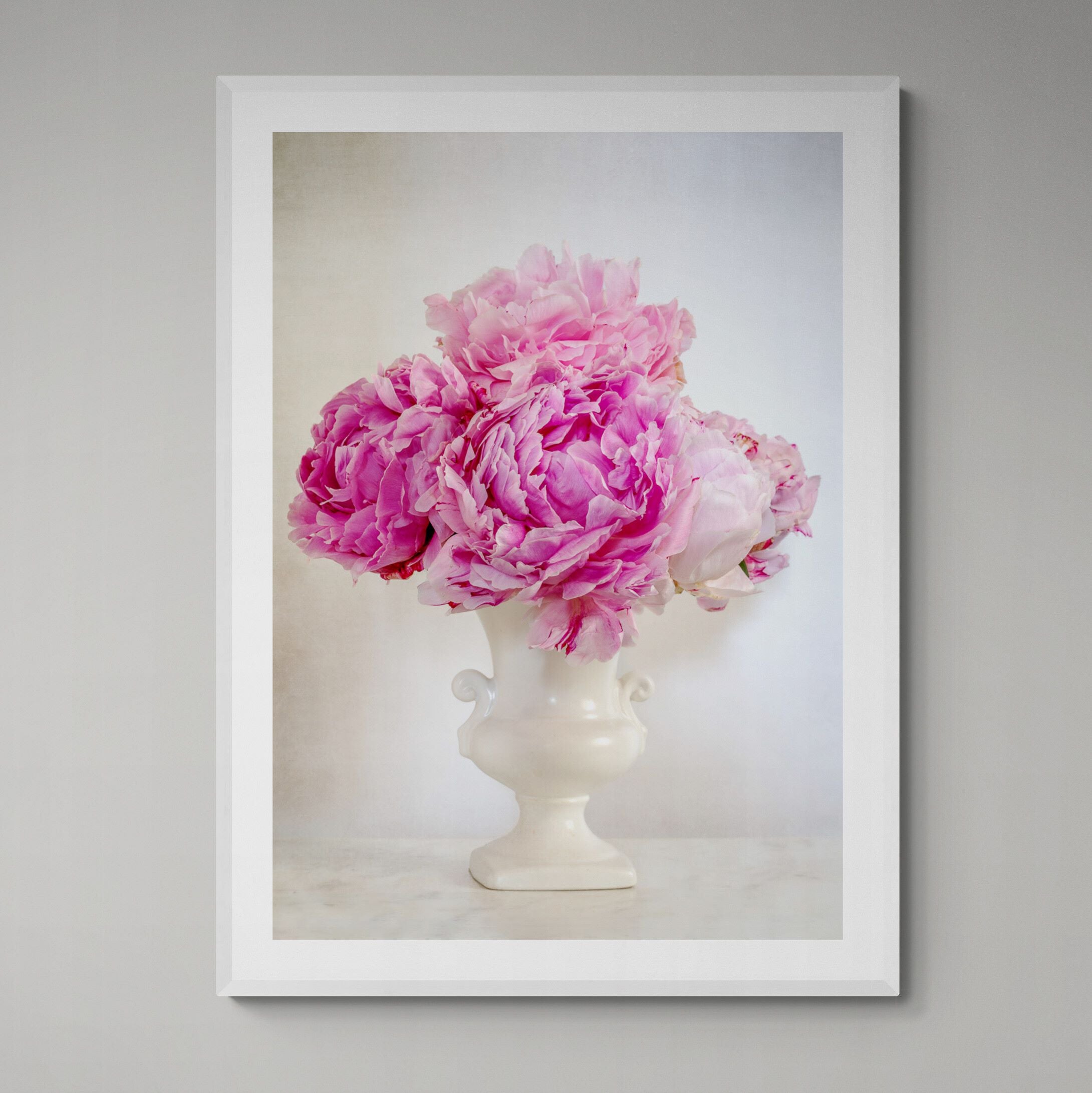 Pink Peonies in a vase print on wall by Kirsten Clark Art