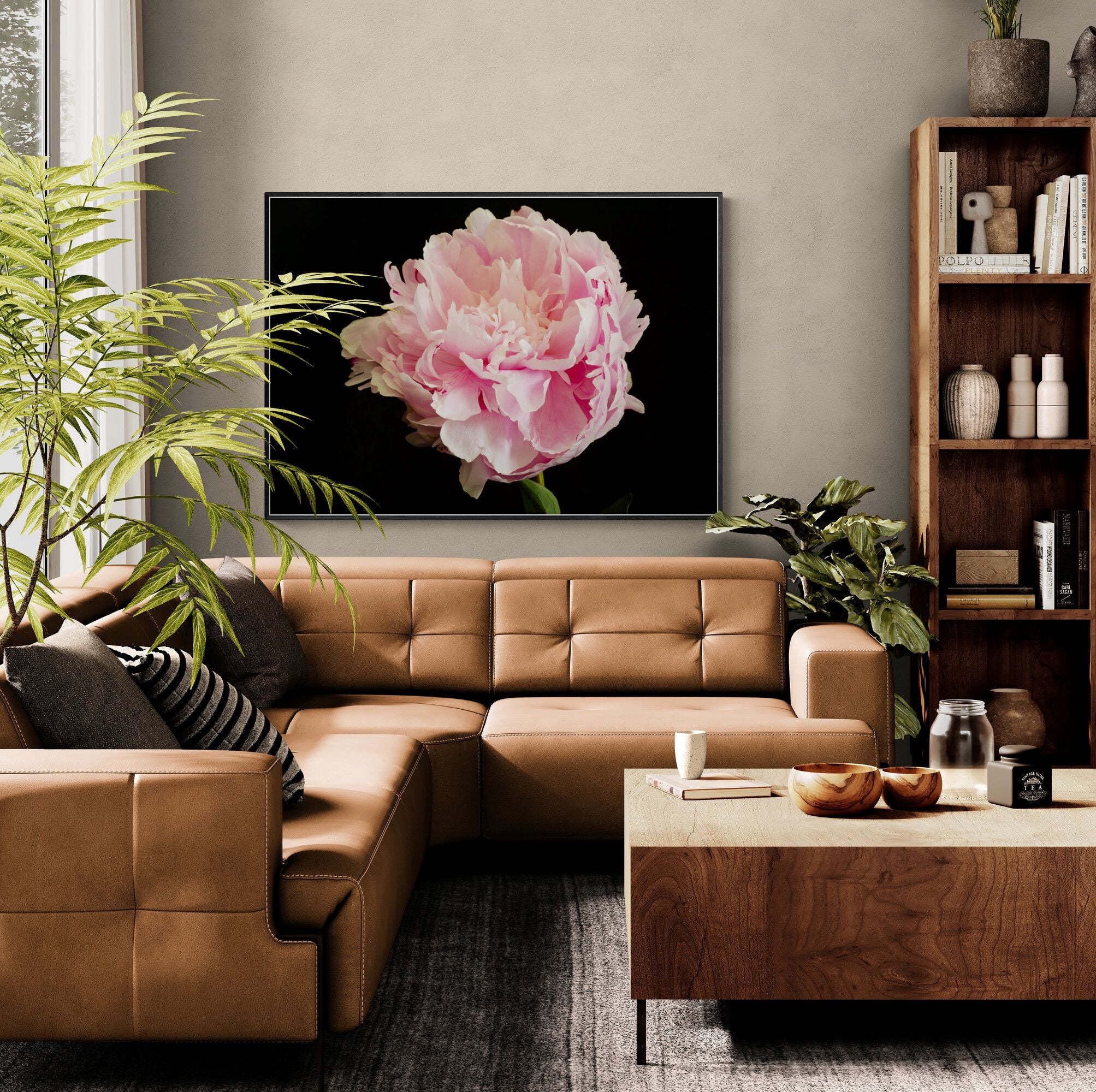 Pink Peony full bloom canvas print in living-room by Kirsten Clark Art