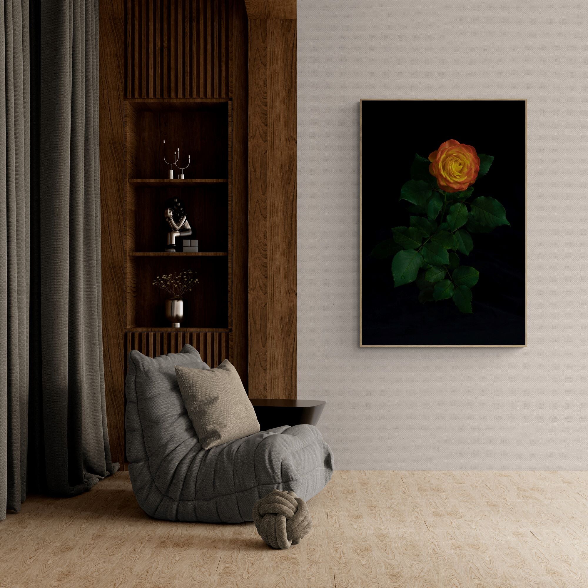 portrait of a rose canvas print with oak frame in living room by kirsten clark art